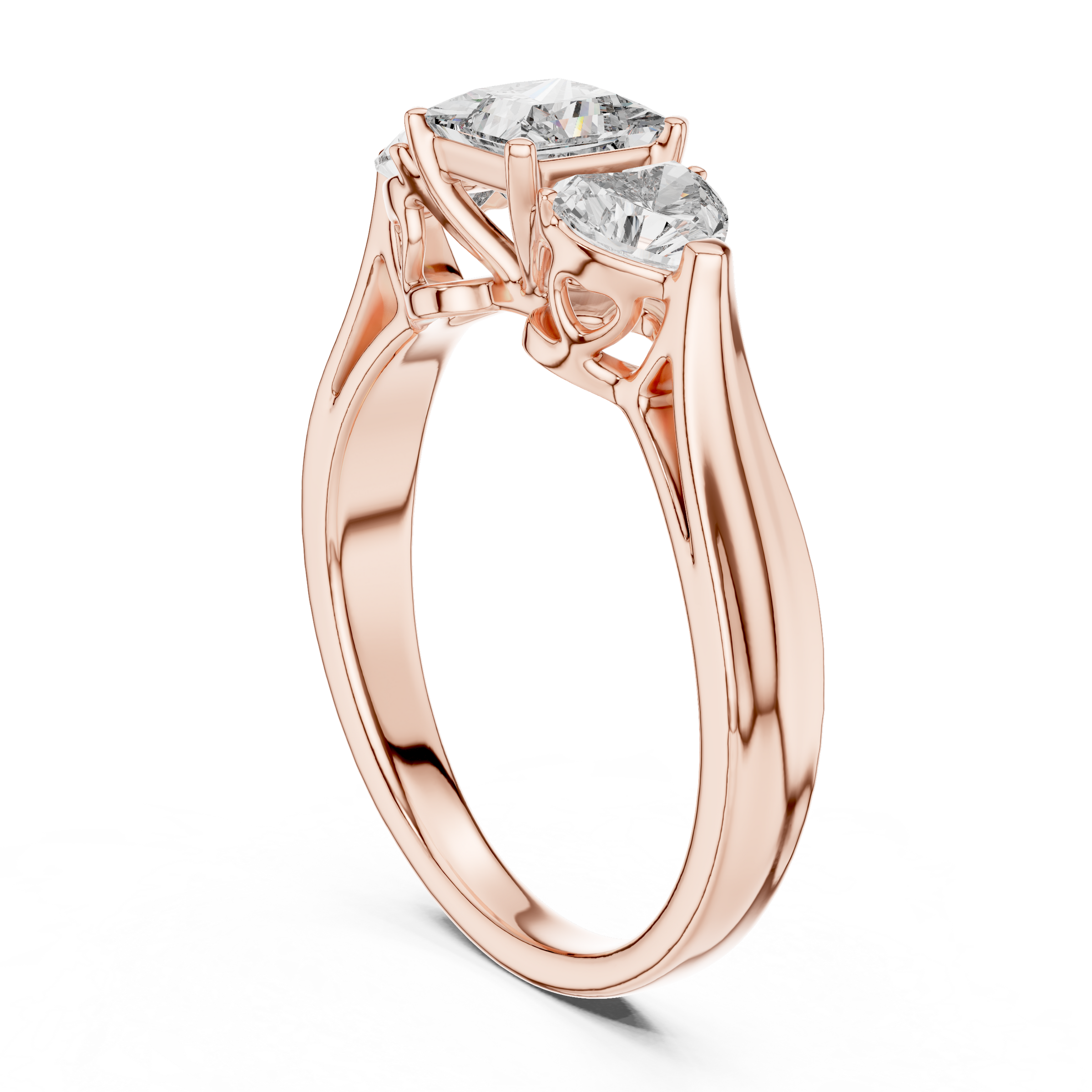 Princess Cut Trilogy Engagement Ring – Heart-Shaped Side Diamonds, 18K Gold | 0.50 – 2 Carat Centre