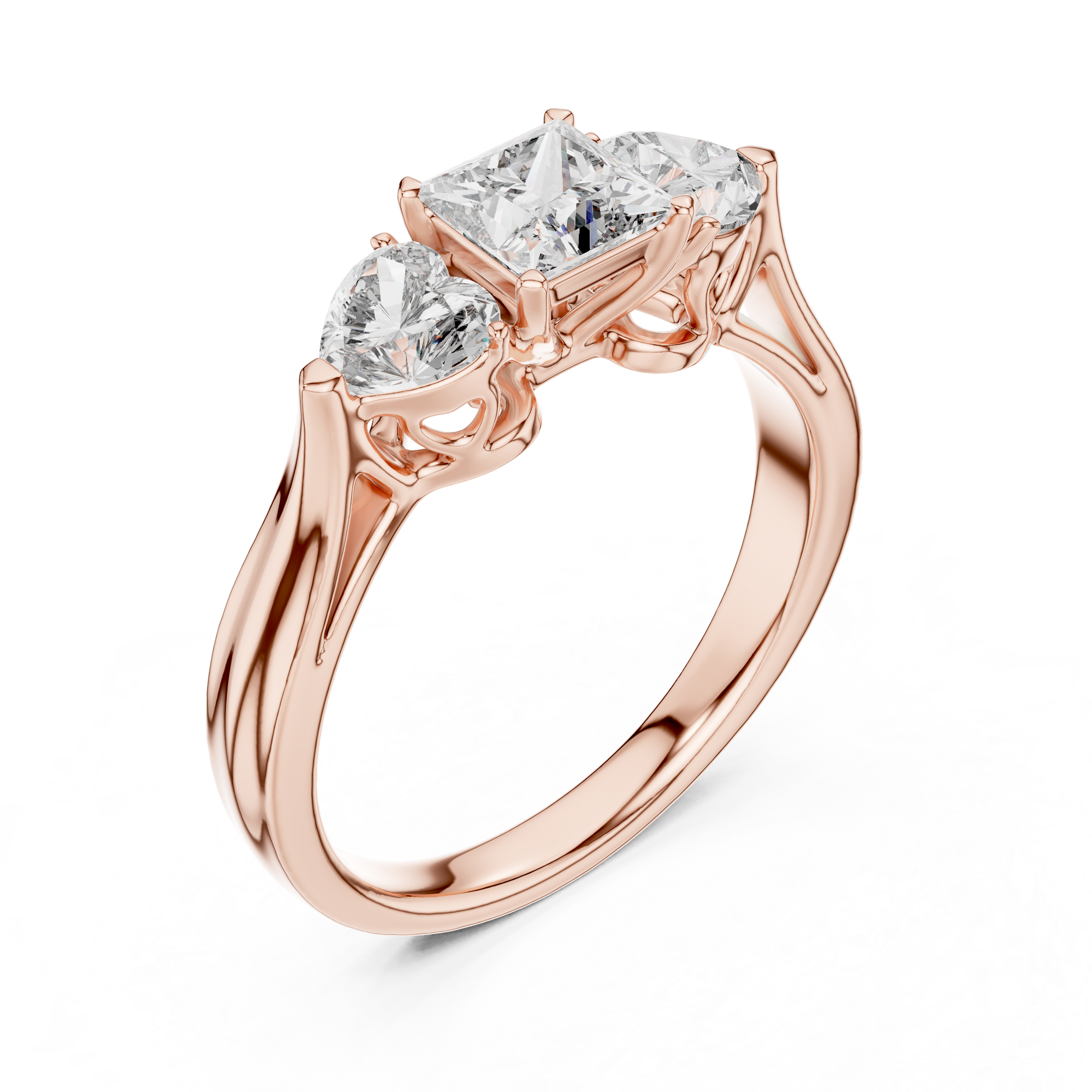 Princess Cut Trilogy Engagement Ring – Heart-Shaped Side Diamonds, 18K Gold | 0.50 – 2 Carat Centre