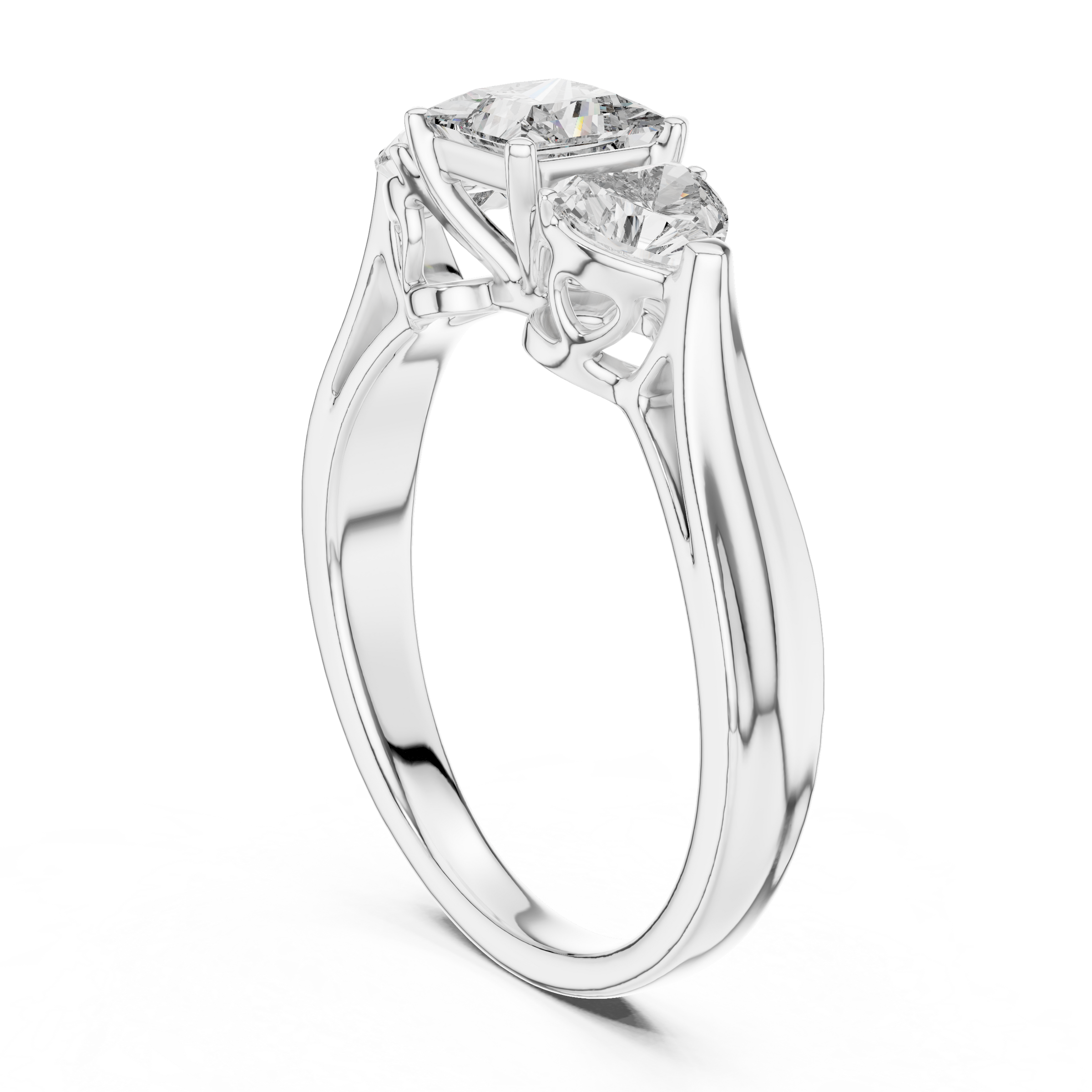 Princess Cut Trilogy Engagement Ring – Heart-Shaped Side Diamonds, 18K Gold | 0.50 – 2 Carat Centre