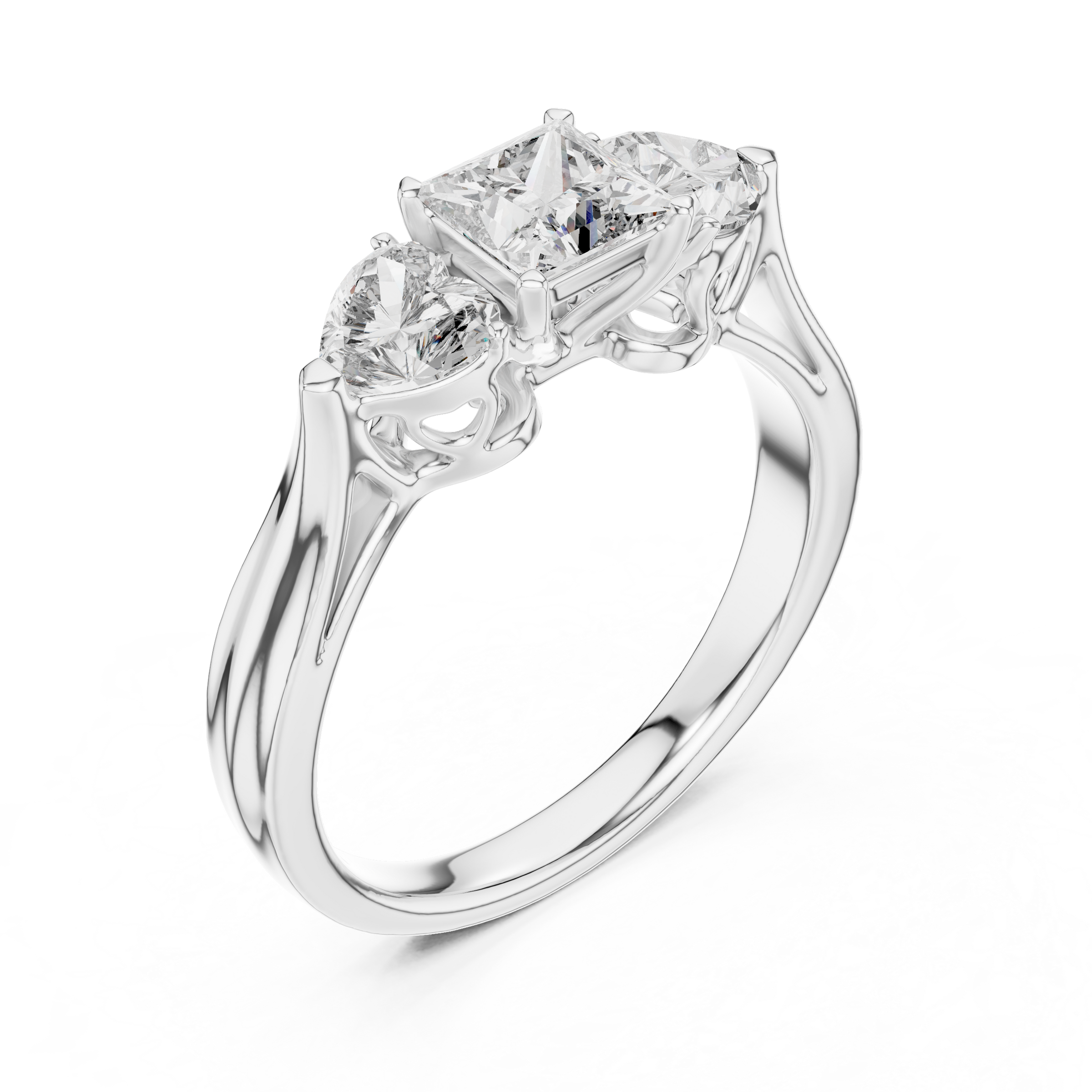 Princess Cut Trilogy Engagement Ring – Heart-Shaped Side Diamonds, 18K Gold | 0.50 – 2 Carat Centre