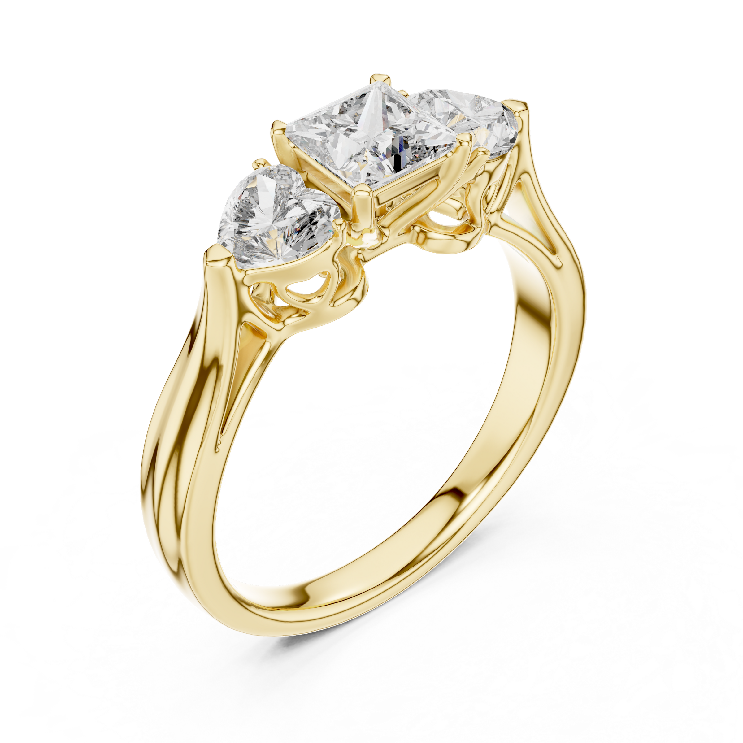 Princess Cut Trilogy Engagement Ring – Heart-Shaped Side Diamonds, 18K Gold | 0.50 – 2 Carat Centre