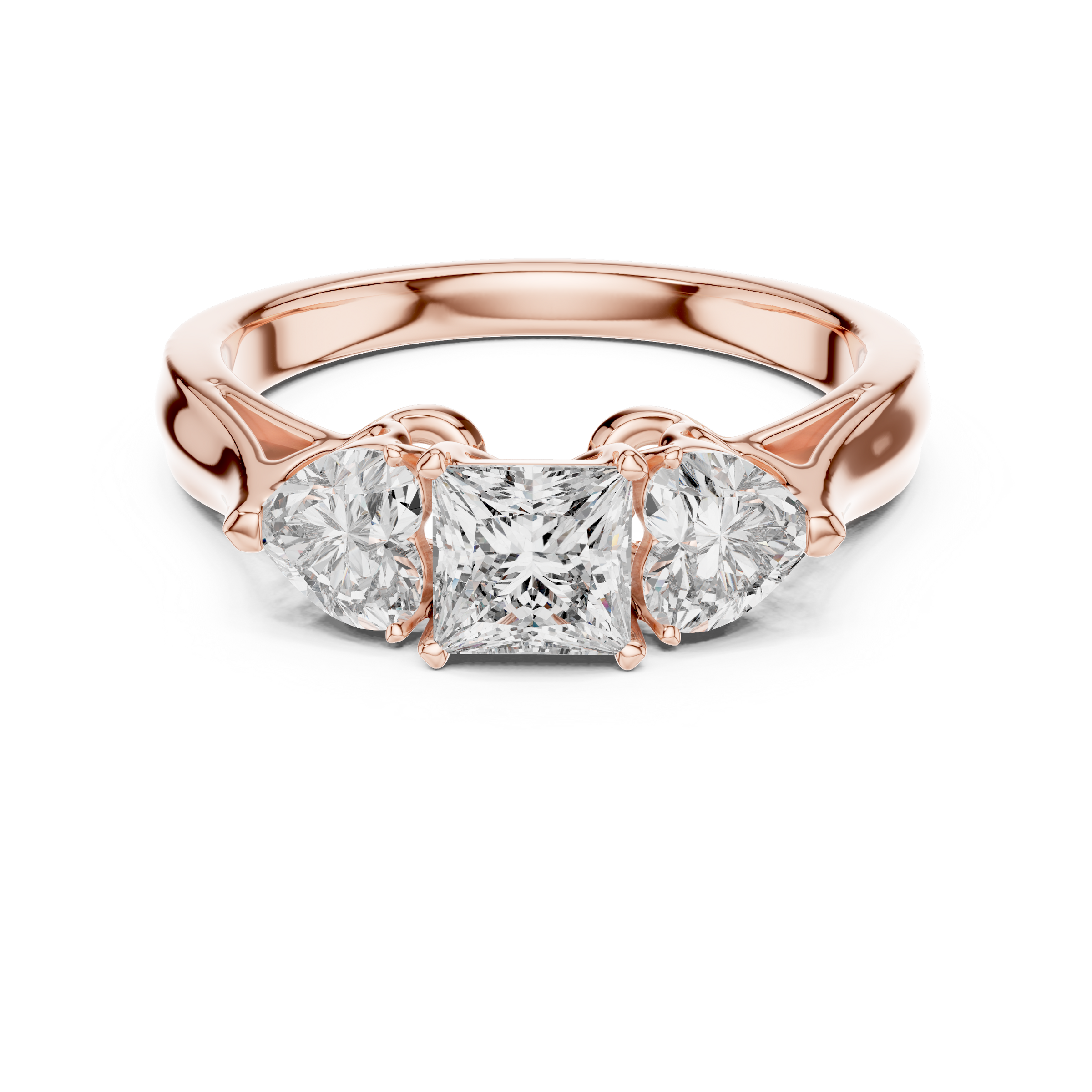Princess Cut Trilogy Engagement Ring – Heart-Shaped Side Diamonds, 18K Gold | 0.50 – 2 Carat Centre