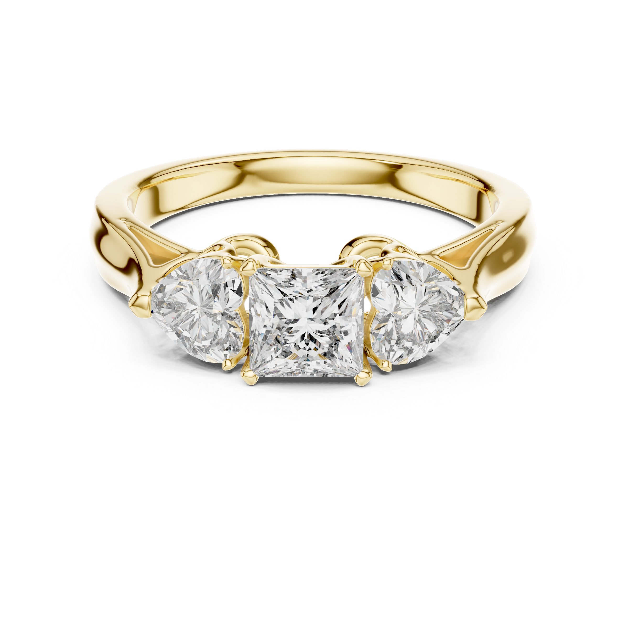 Princess Cut Trilogy Engagement Ring – Heart-Shaped Side Diamonds, 18K Gold | 0.50 – 2 Carat Centre