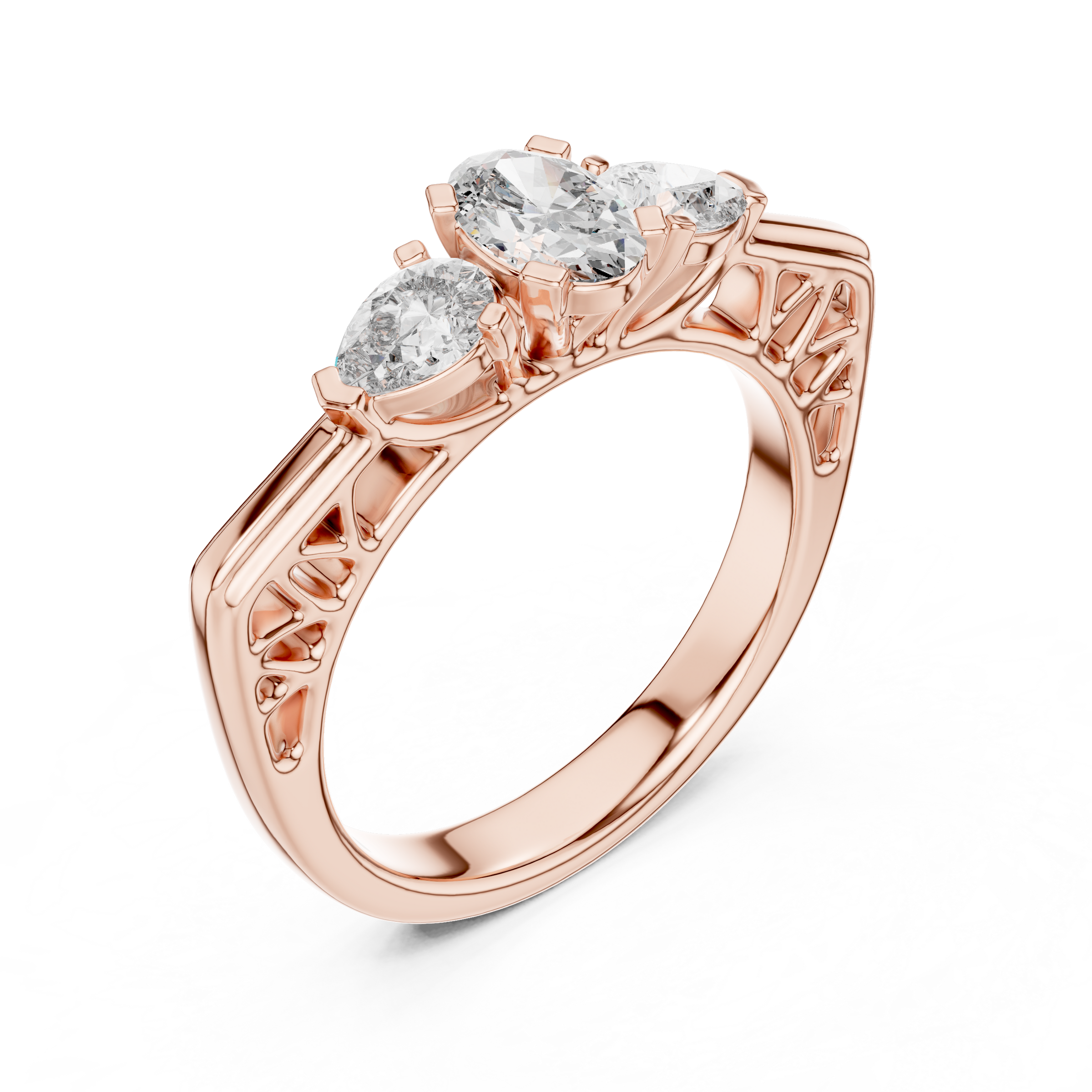 Oval Cut Trilogy Engagement Ring with Pear-Shaped Side Diamonds, 18K Gold | 0.50 – 2 Carat Centre