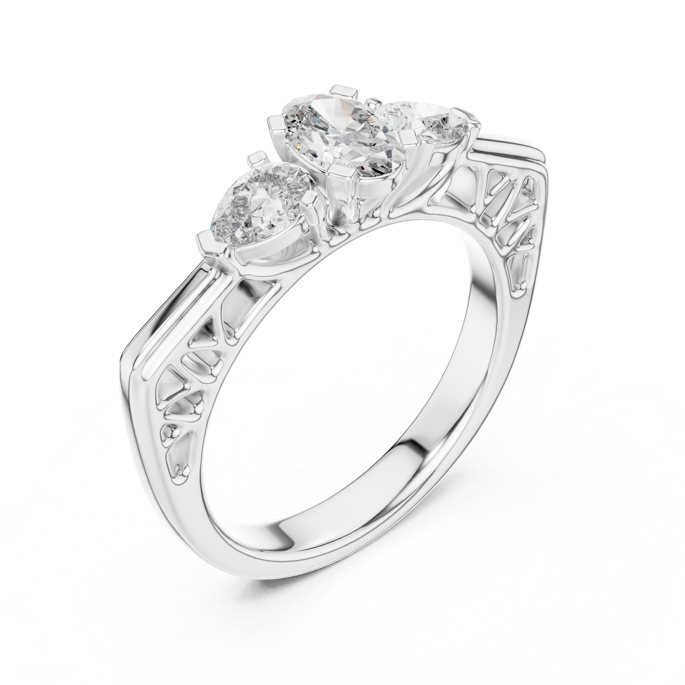Oval Cut Trilogy Engagement Ring with Pear-Shaped Side Diamonds, 18K Gold | 0.50 – 2 Carat Centre