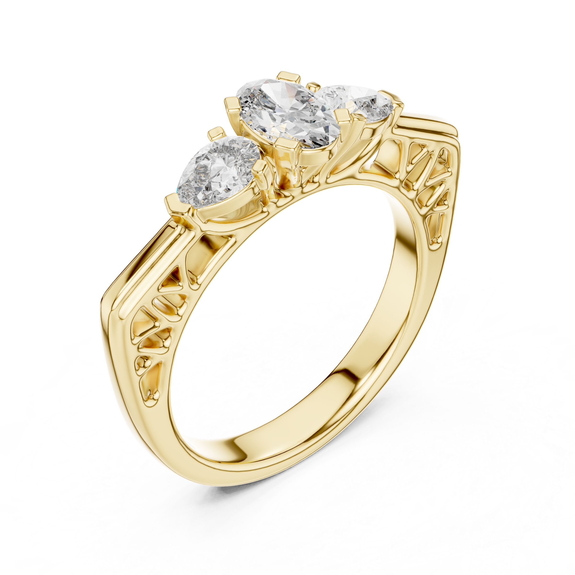 Oval Cut Trilogy Engagement Ring with Pear-Shaped Side Diamonds, 18K Gold | 0.50 – 2 Carat Centre
