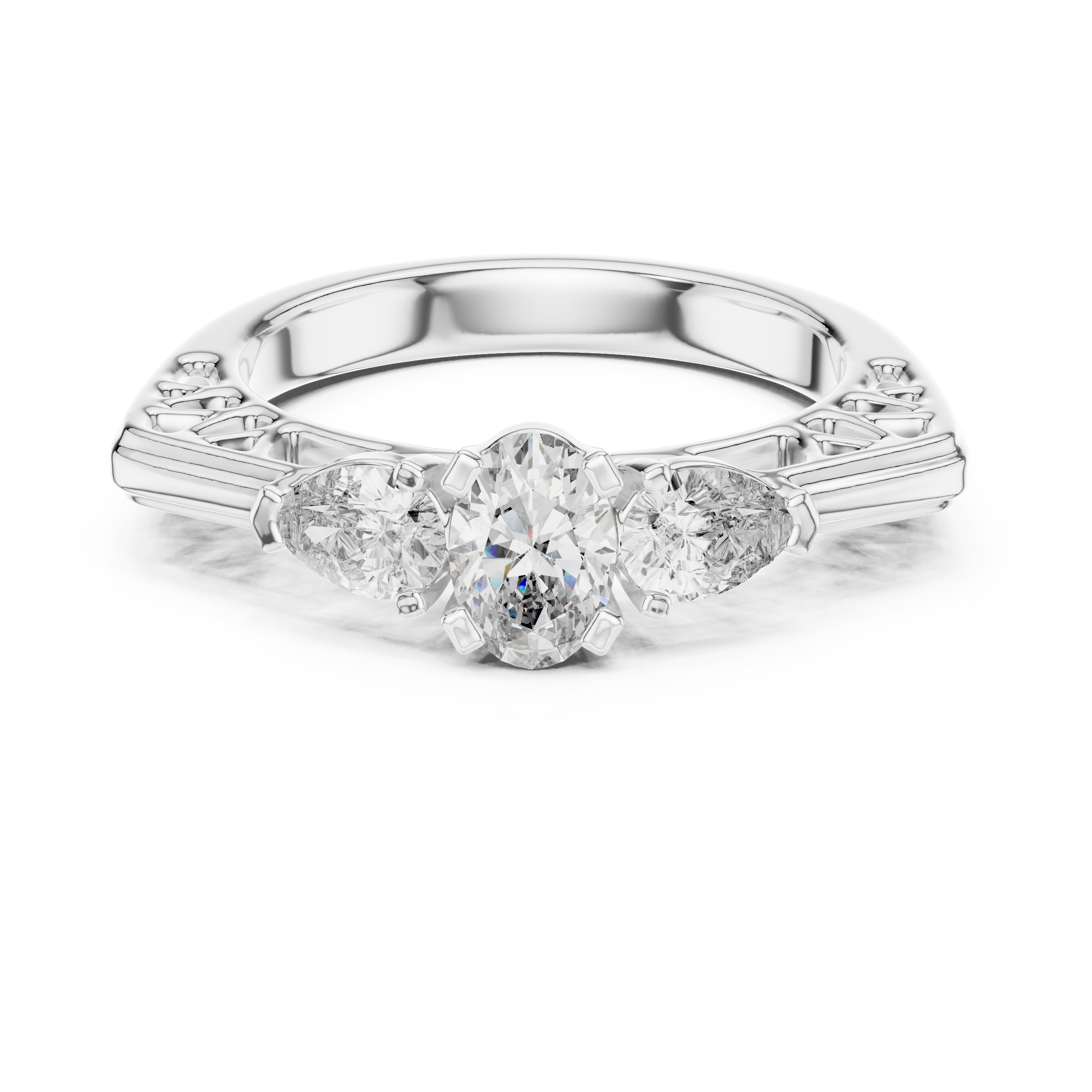 Oval Cut Trilogy Engagement Ring with Pear-Shaped Side Diamonds, 18K Gold | 0.50 – 2 Carat Centre