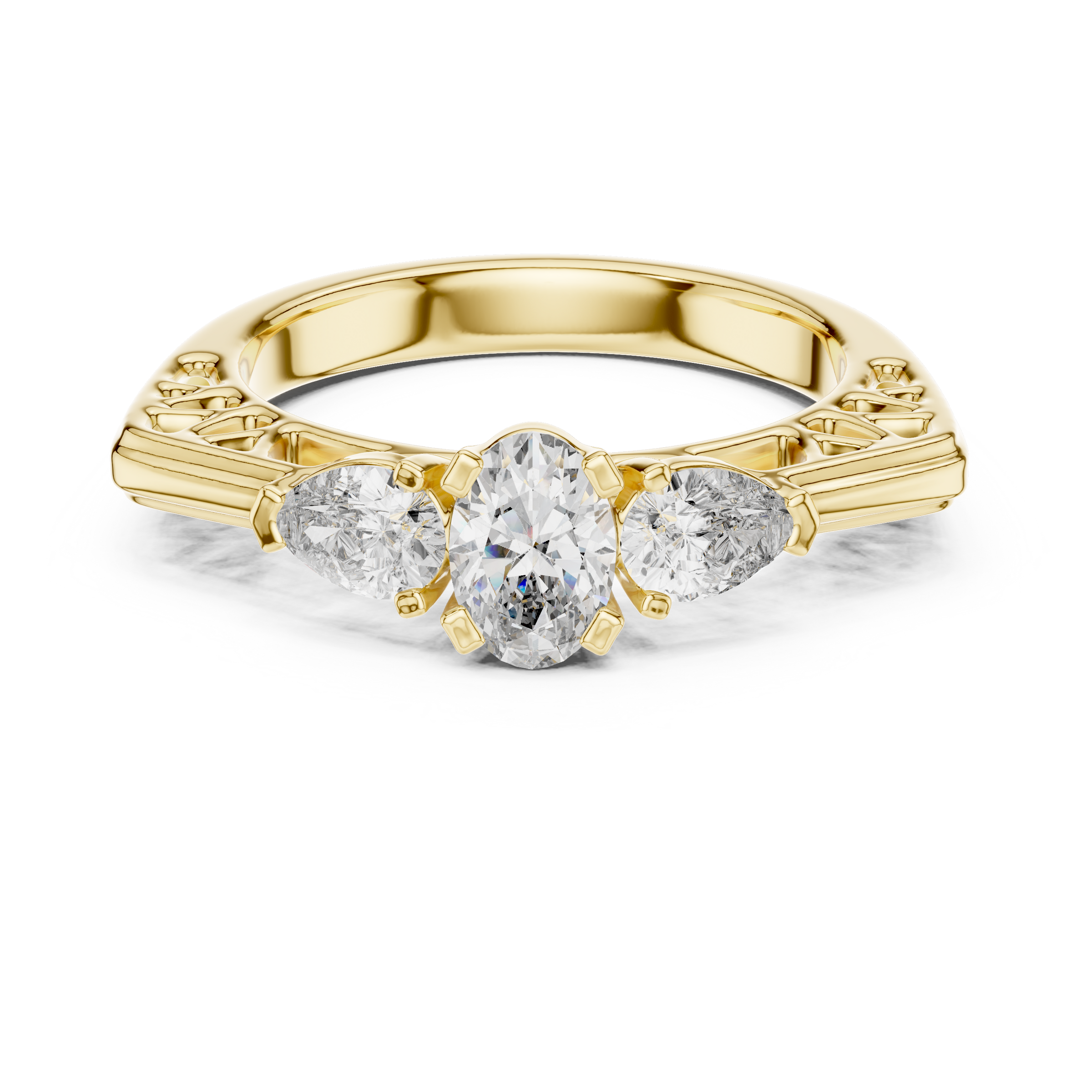 Oval Cut Trilogy Engagement Ring with Pear-Shaped Side Diamonds, 18K Gold | 0.50 – 2 Carat Centre