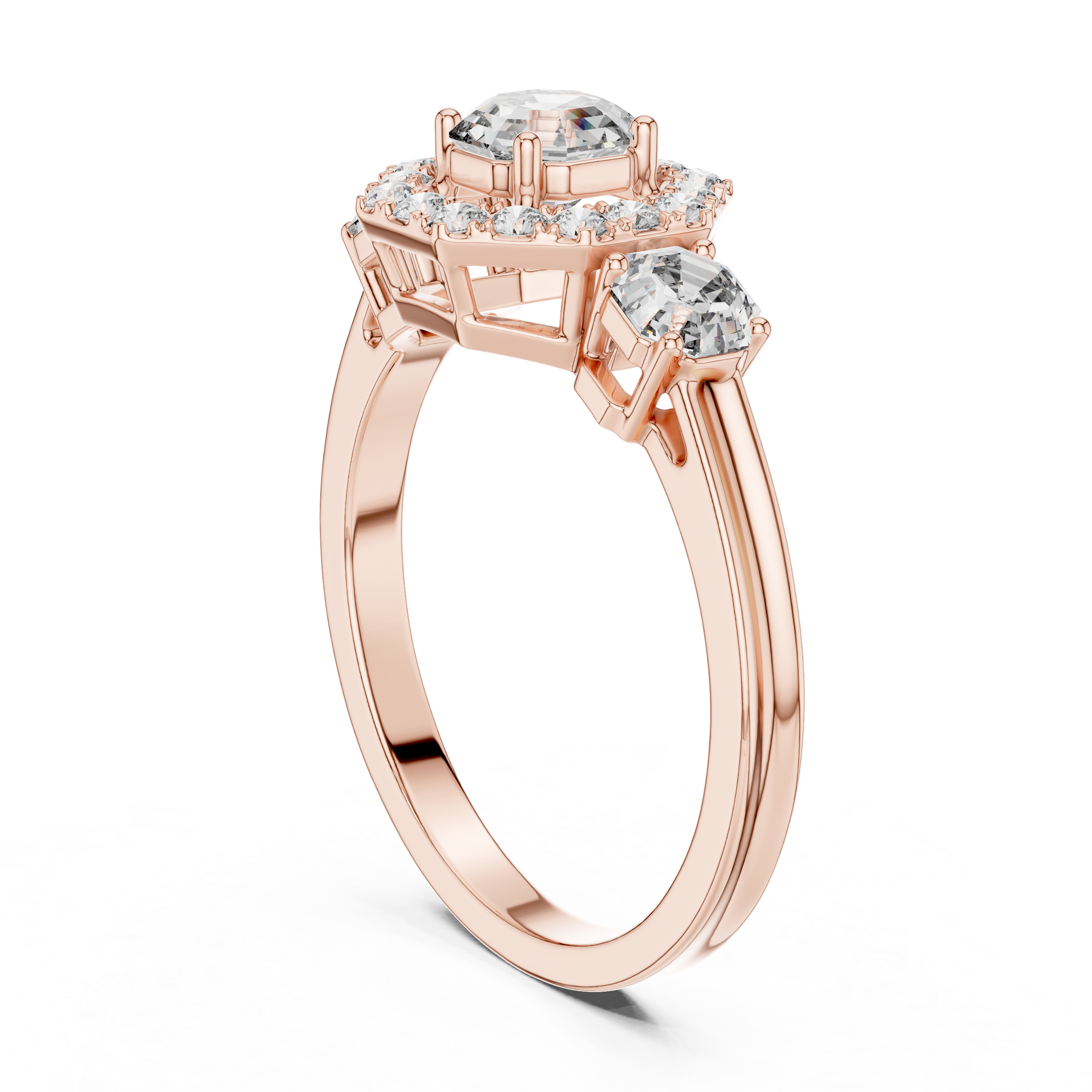 Octagon Cut Trilogy Engagement Ring with Octagon Shaped Side Diamonds & Halo in 18K Gold | 0.50 – 2 Carat Centre