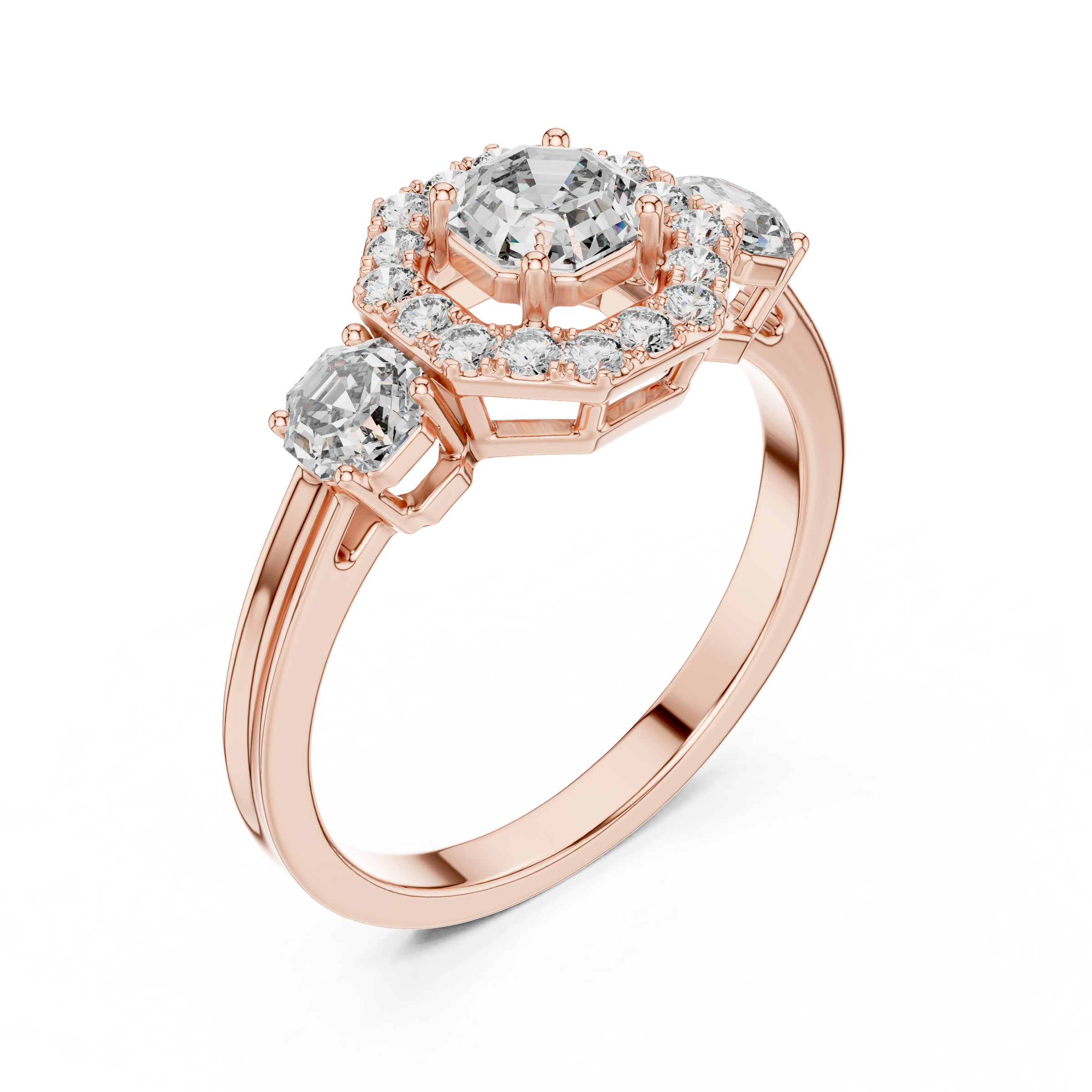 Octagon Cut Trilogy Engagement Ring with Octagon Shaped Side Diamonds & Halo in 18K Gold | 0.50 – 2 Carat Centre