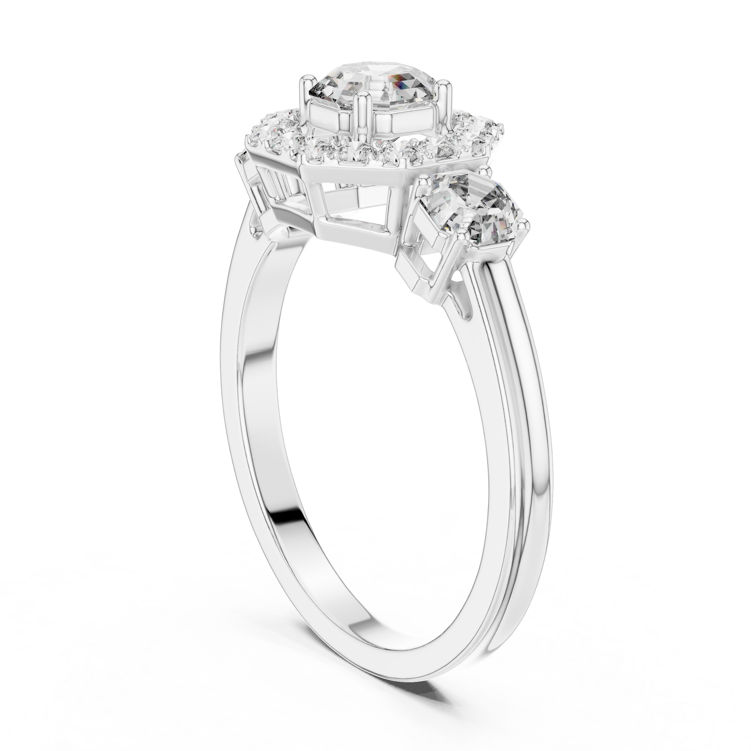 Octagon Cut Trilogy Engagement Ring with Octagon Shaped Side Diamonds & Halo in 18K Gold | 0.50 – 2 Carat Centre