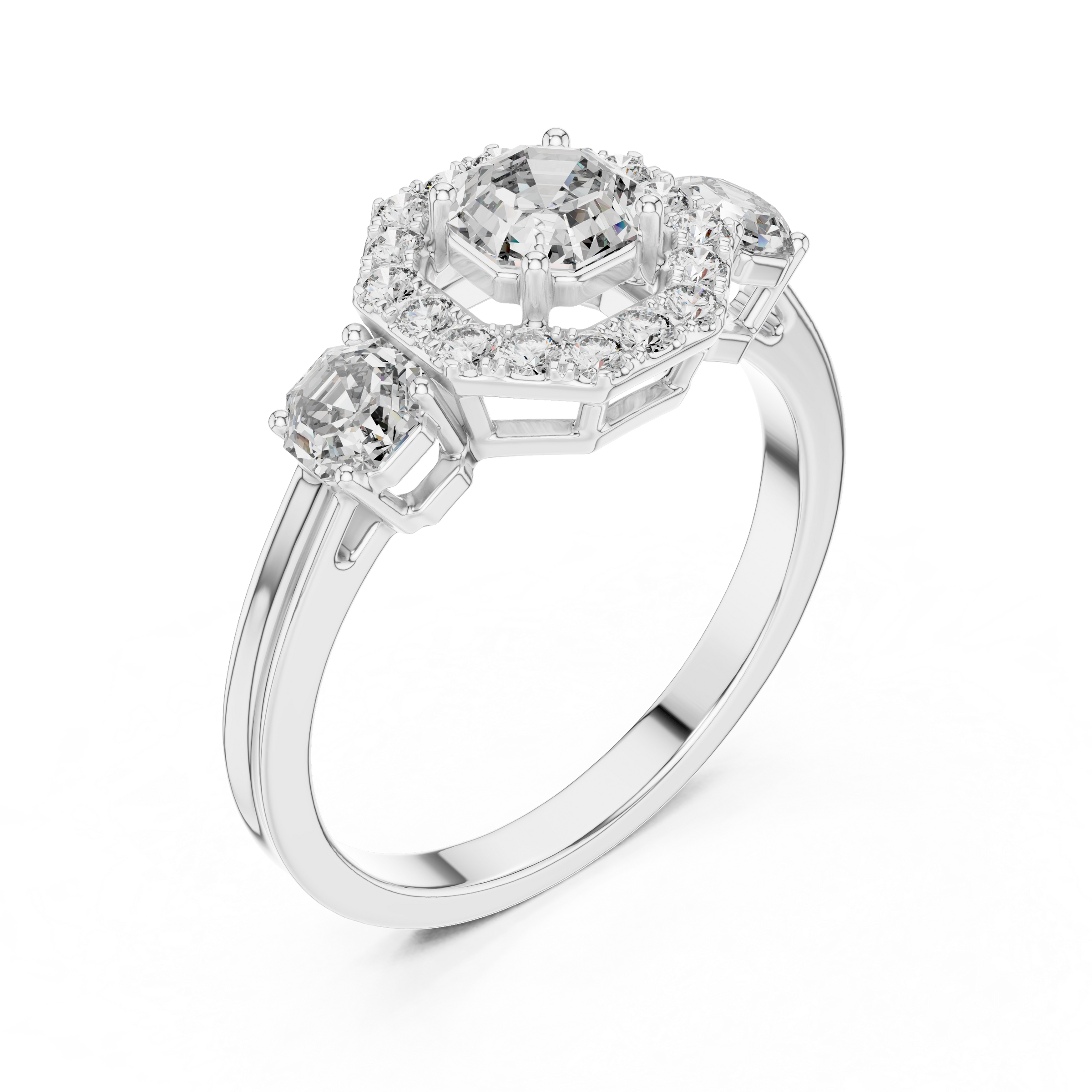 Octagon Cut Trilogy Engagement Ring with Octagon Shaped Side Diamonds & Halo in 18K Gold | 0.50 – 2 Carat Centre