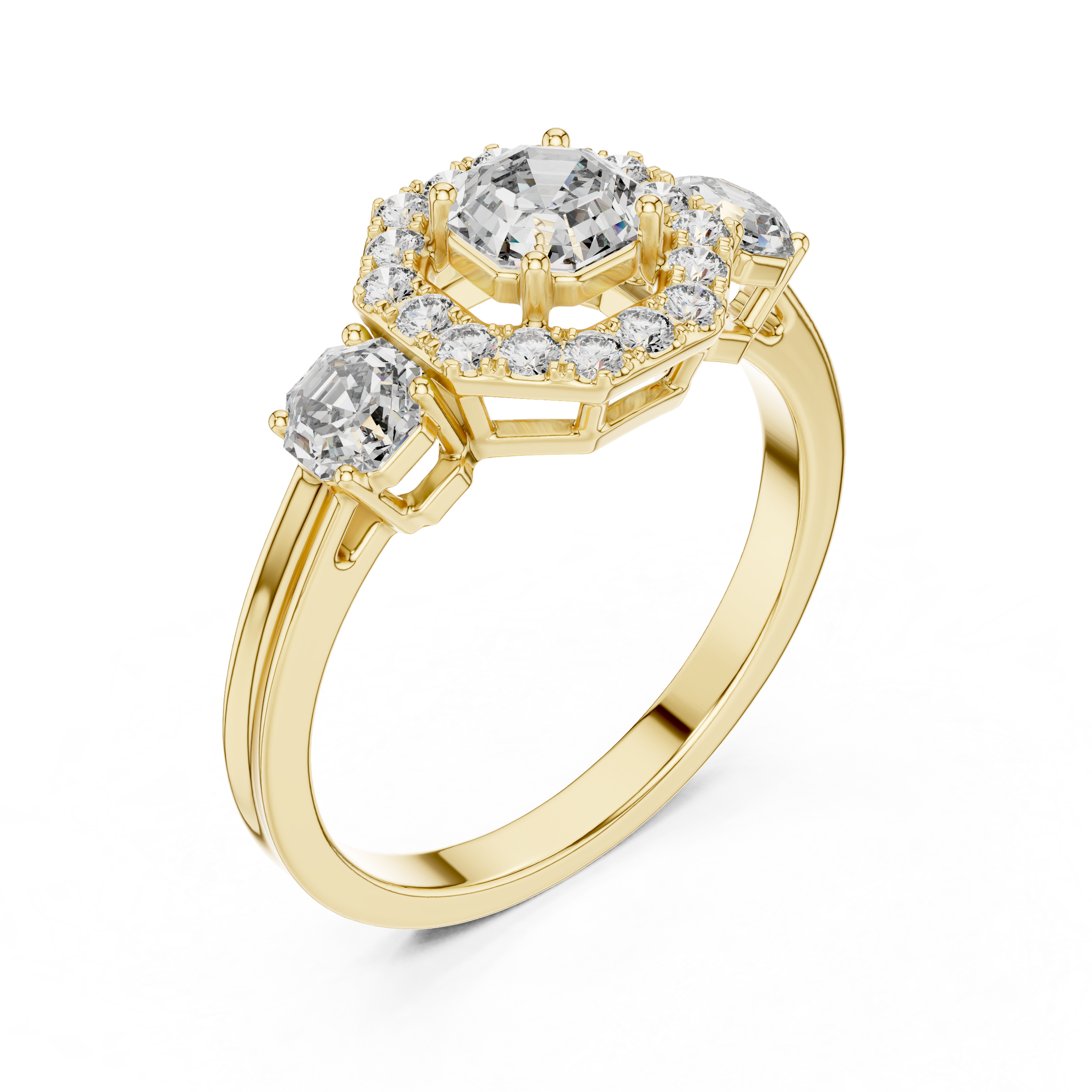 Octagon Cut Trilogy Engagement Ring with Octagon Shaped Side Diamonds & Halo in 18K Gold | 0.50 – 2 Carat Centre
