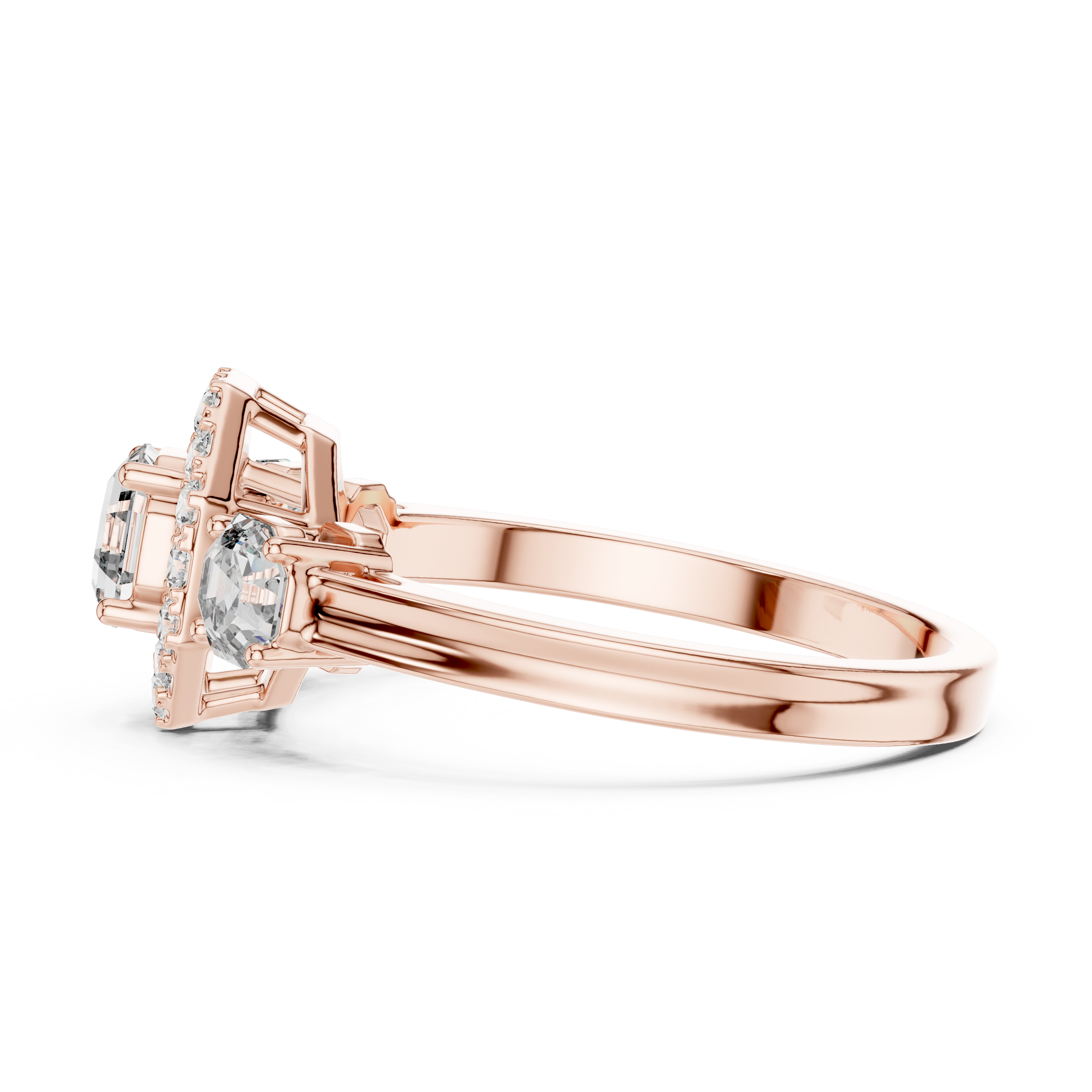 Octagon Cut Trilogy Engagement Ring with Octagon Shaped Side Diamonds & Halo in 18K Gold | 0.50 – 2 Carat Centre