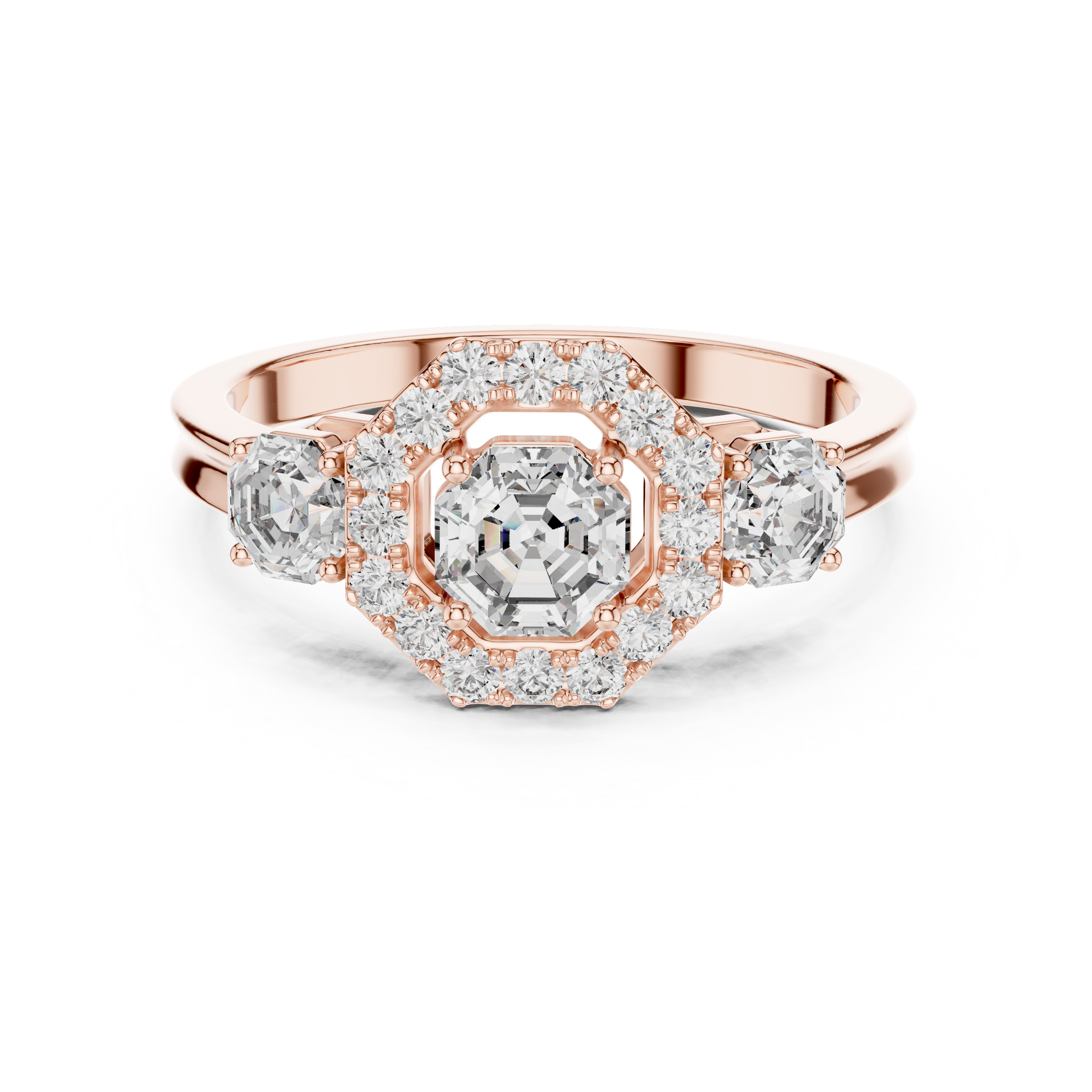 Octagon Cut Trilogy Engagement Ring with Octagon Shaped Side Diamonds & Halo in 18K Gold | 0.50 – 2 Carat Centre