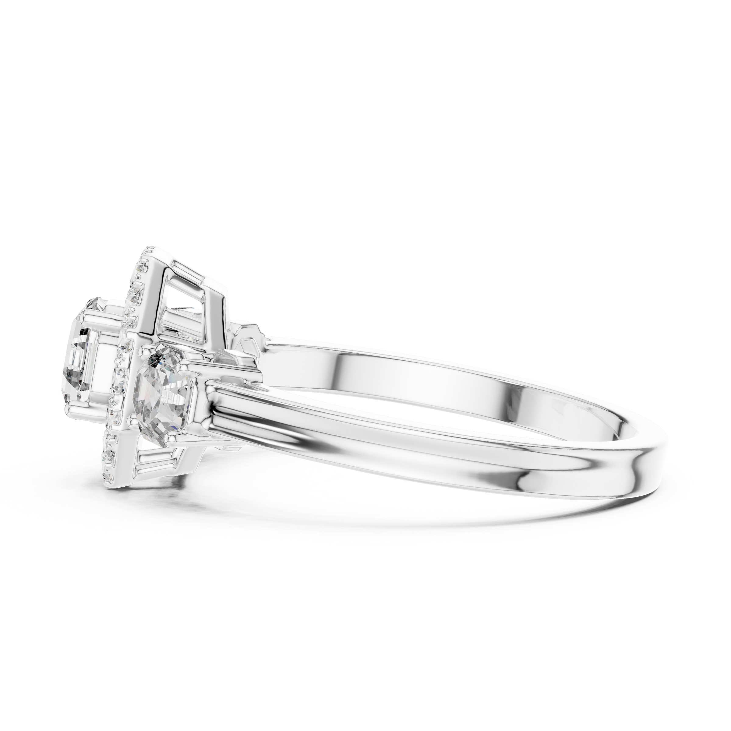 Octagon Cut Trilogy Engagement Ring with Octagon Shaped Side Diamonds & Halo in 18K Gold | 0.50 – 2 Carat Centre