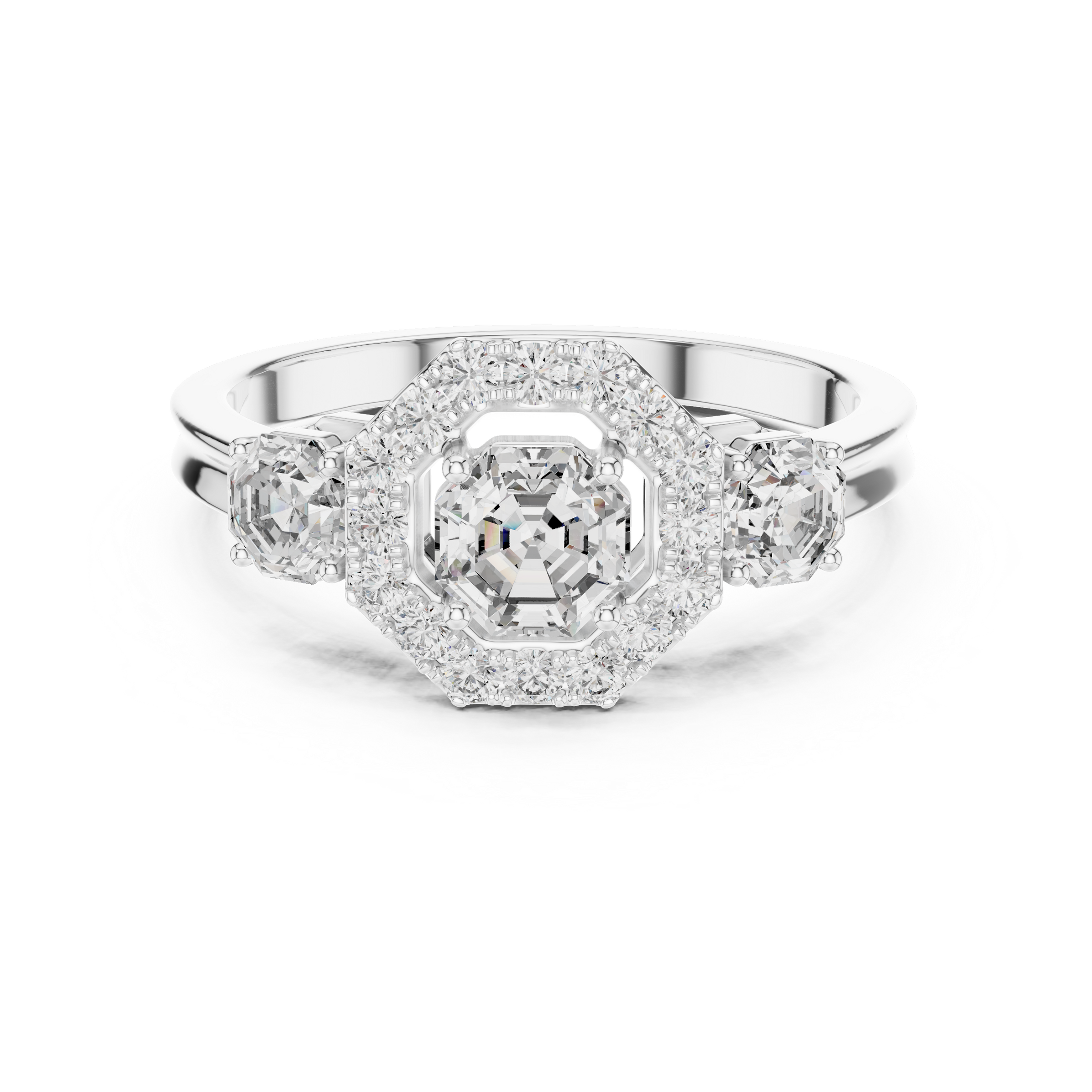 Octagon Cut Trilogy Engagement Ring with Octagon Shaped Side Diamonds & Halo in 18K Gold | 0.50 – 2 Carat Centre