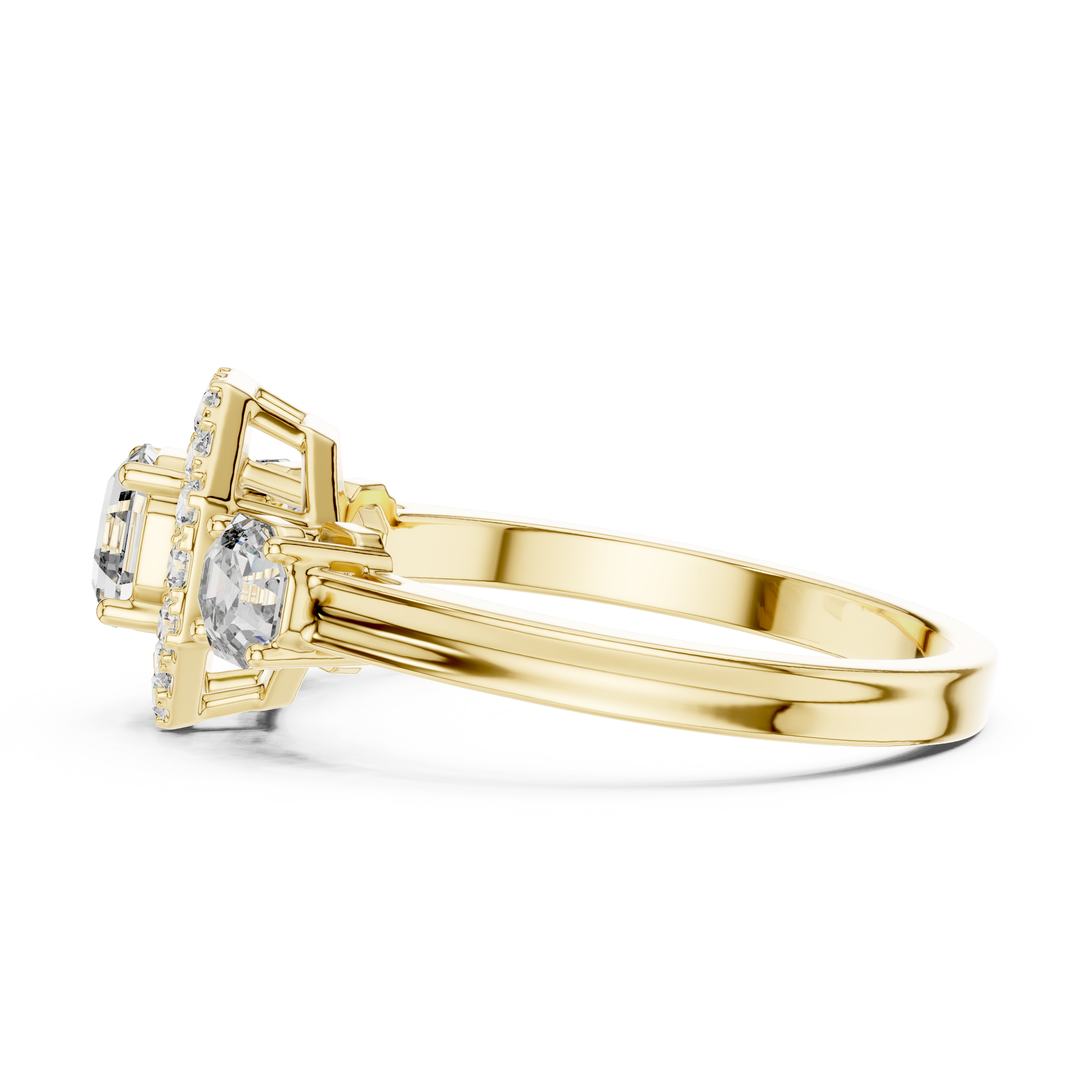 Octagon Cut Trilogy Engagement Ring with Octagon Shaped Side Diamonds & Halo in 18K Gold | 0.50 – 2 Carat Centre