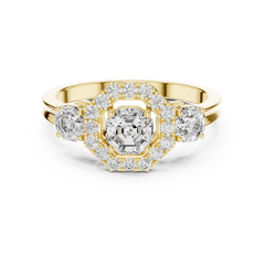 Octagon Cut Trilogy Engagement Ring with Octagon Shaped Side Diamonds & Halo in 18K Gold | 0.50 – 2 Carat Centre