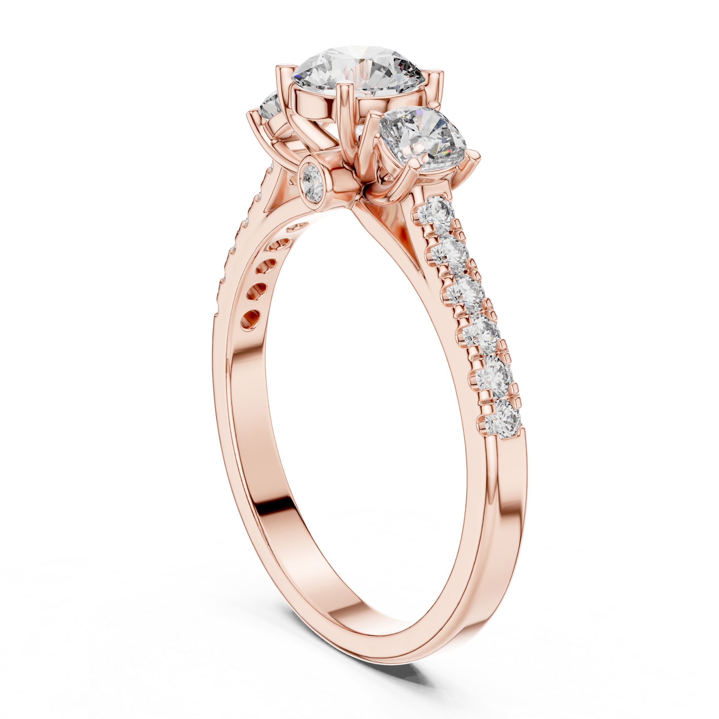 Round Brilliant Cut Trilogy Engagement Ring with Cushion Shaped Side Diamonds & Pave Band in 18K Gold | 0.50 – 2 Carat Centre