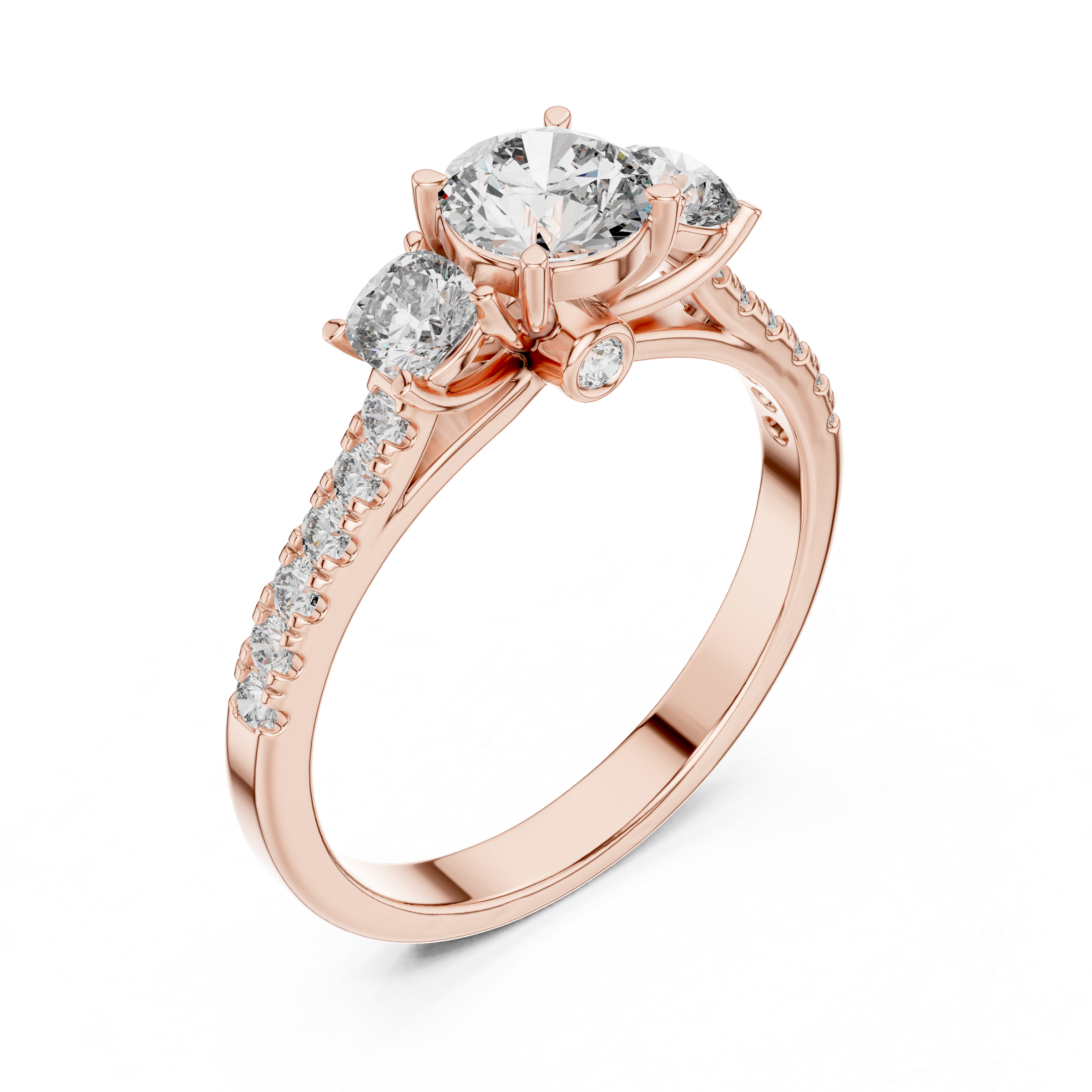 Round Brilliant Cut Trilogy Engagement Ring with Cushion Shaped Side Diamonds & Pave Band in 18K Gold | 0.50 – 2 Carat Centre