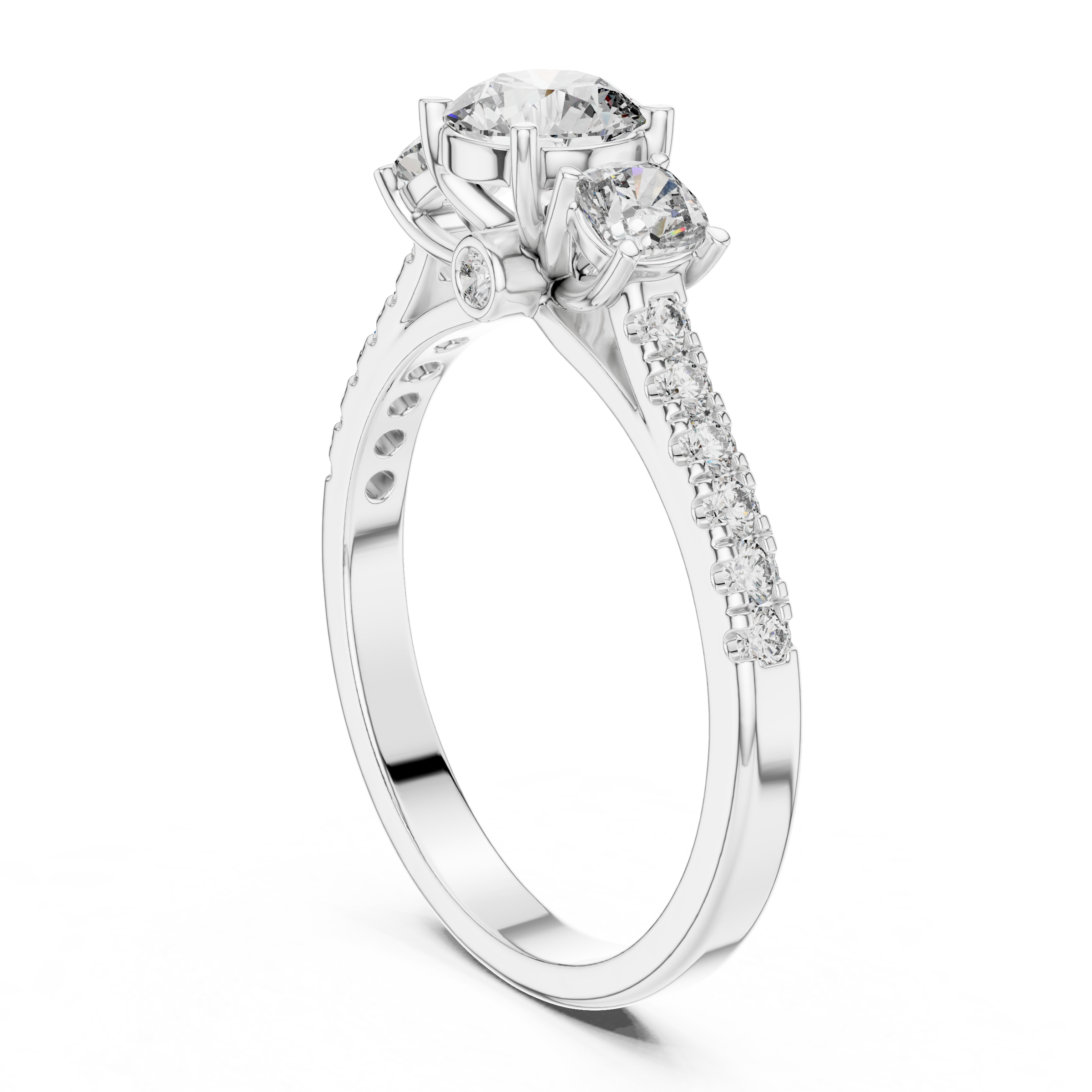 Round Brilliant Cut Trilogy Engagement Ring with Cushion Shaped Side Diamonds & Pave Band in 18K Gold | 0.50 – 2 Carat Centre