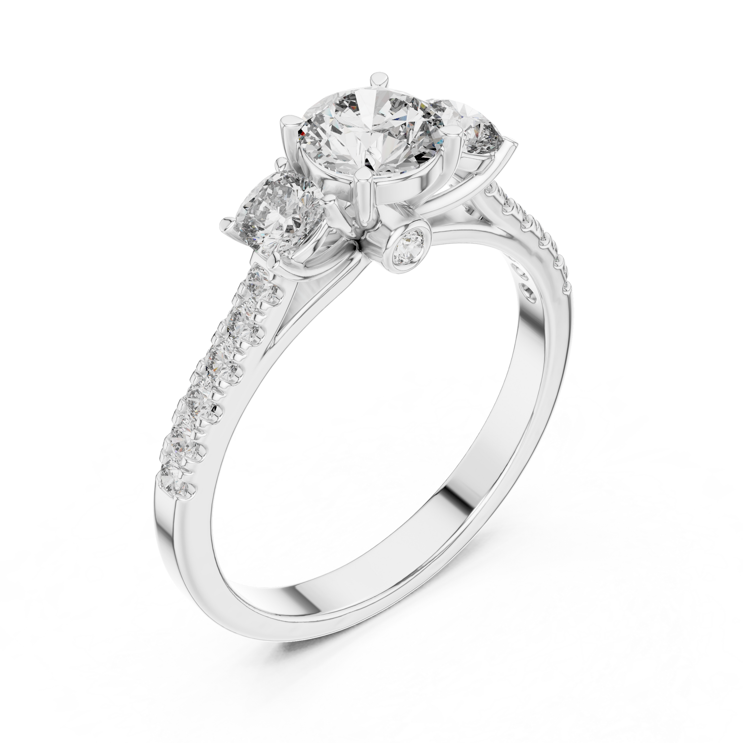 Round Brilliant Cut Trilogy Engagement Ring with Cushion Shaped Side Diamonds & Pave Band in 18K Gold | 0.50 – 2 Carat Centre