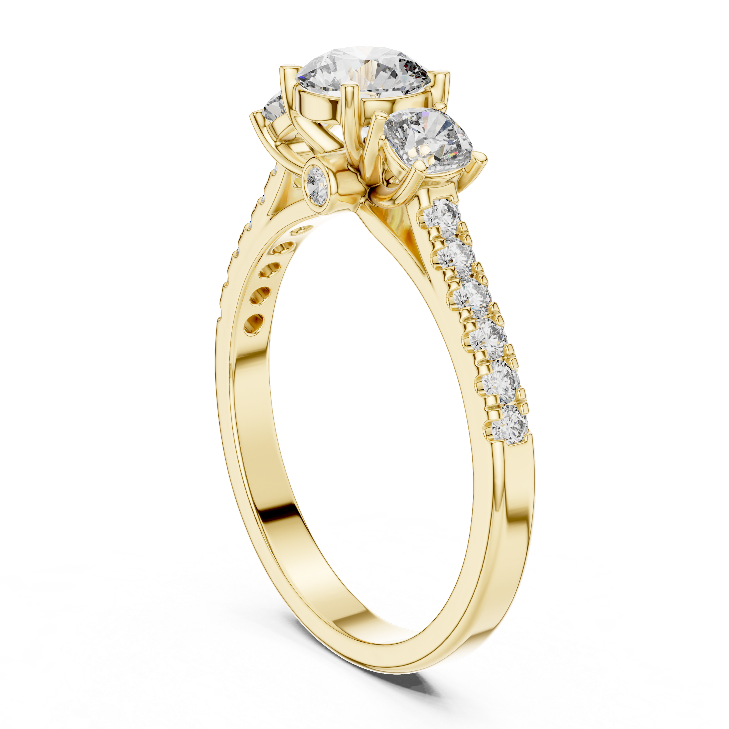 Round Brilliant Cut Trilogy Engagement Ring with Cushion Shaped Side Diamonds & Pave Band in 18K Gold | 0.50 – 2 Carat Centre