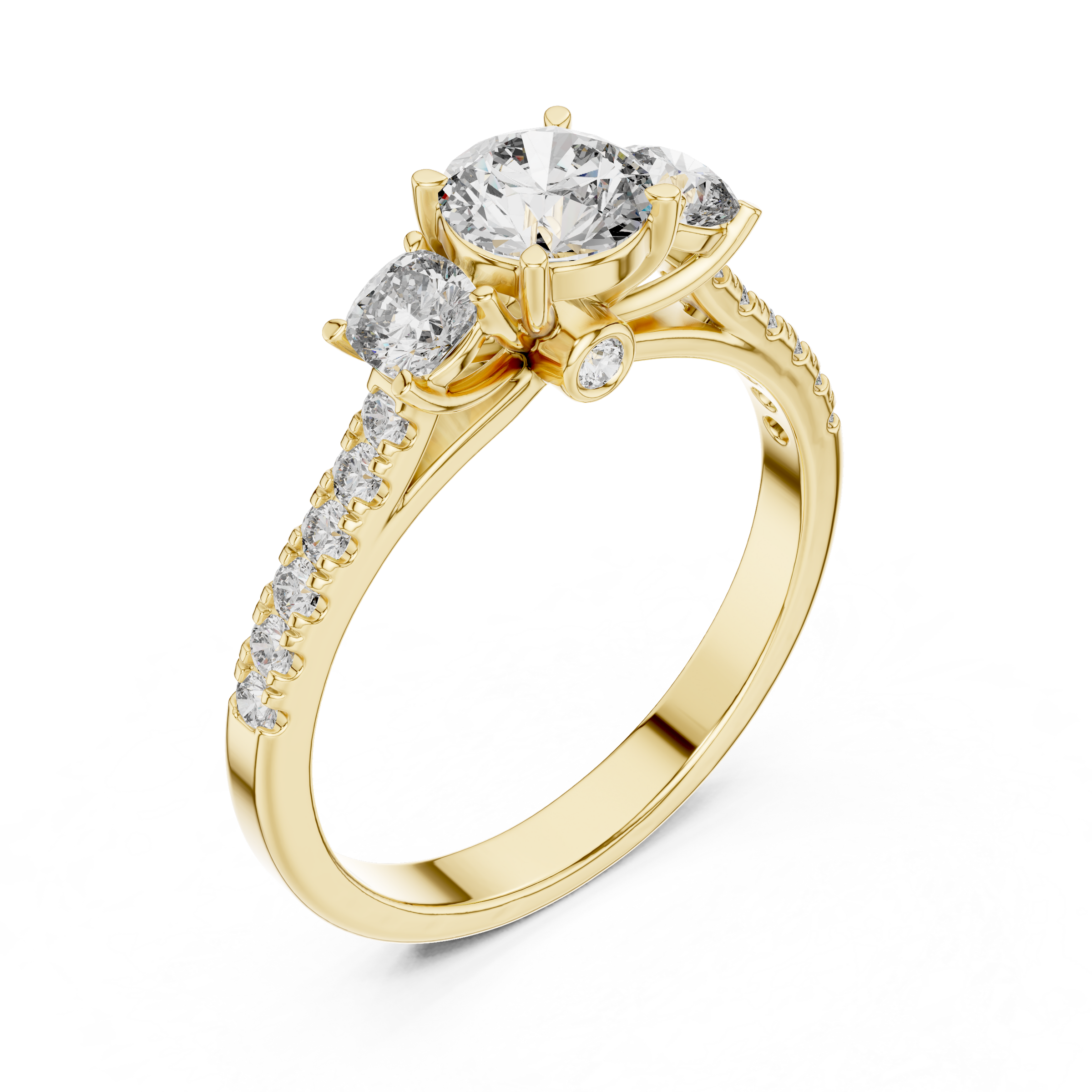 Round Brilliant Cut Trilogy Engagement Ring with Cushion Shaped Side Diamonds & Pave Band in 18K Gold | 0.50 – 2 Carat Centre