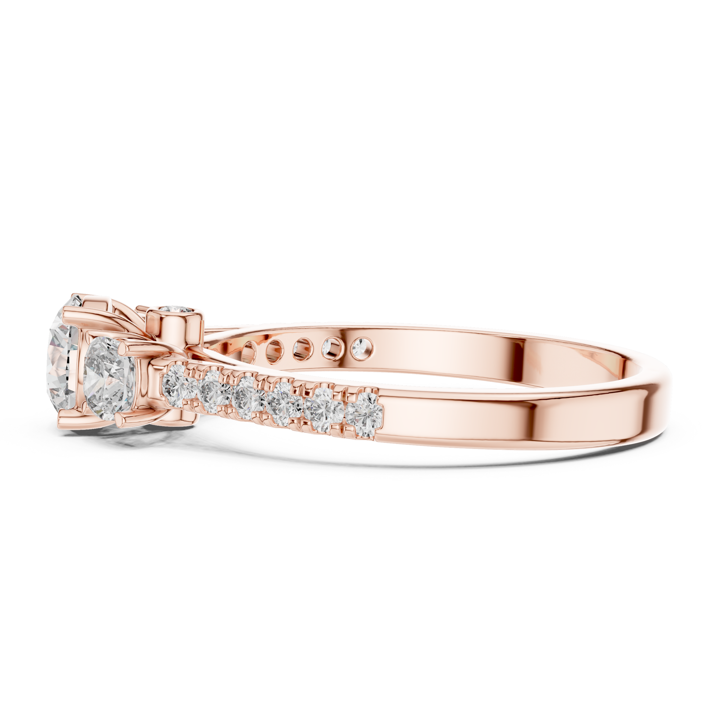 Round Brilliant Cut Trilogy Engagement Ring with Cushion Shaped Side Diamonds & Pave Band in 18K Gold | 0.50 – 2 Carat Centre
