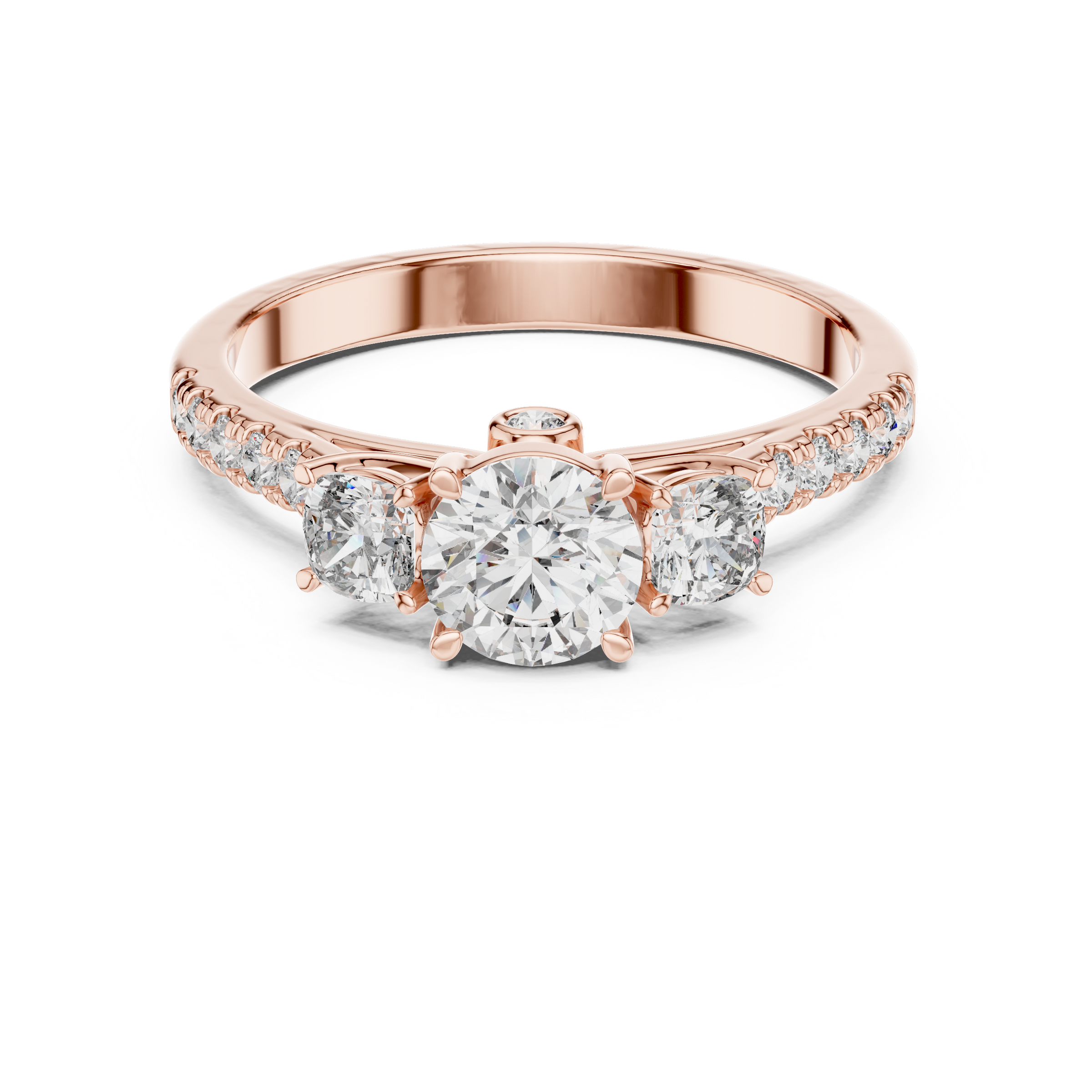 Round Brilliant Cut Trilogy Engagement Ring with Cushion Shaped Side Diamonds & Pave Band in 18K Gold | 0.50 – 2 Carat Centre