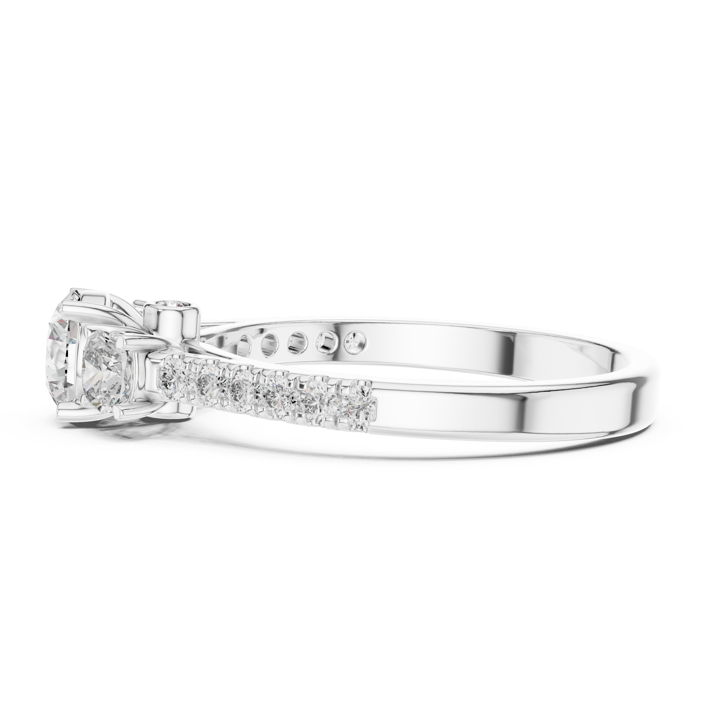 Round Brilliant Cut Trilogy Engagement Ring with Cushion Shaped Side Diamonds & Pave Band in 18K Gold | 0.50 – 2 Carat Centre