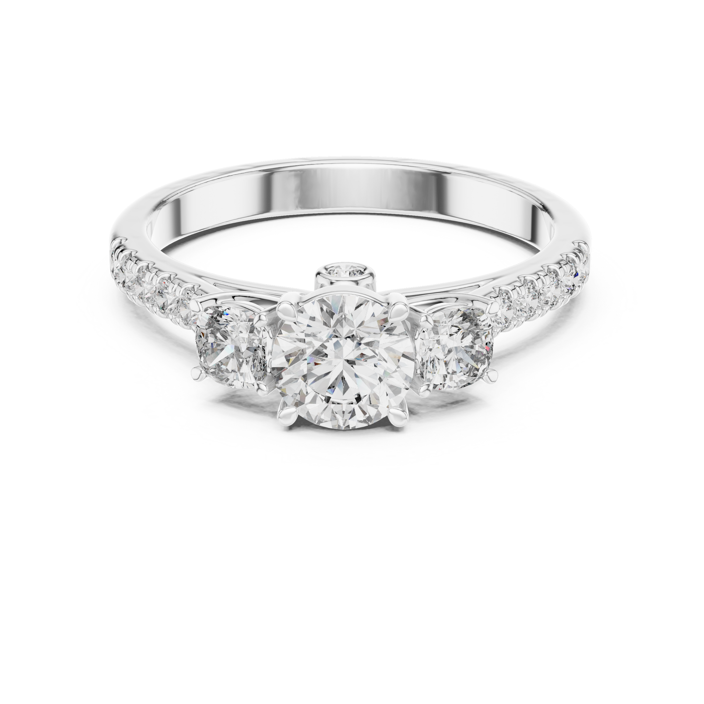 Round Brilliant Cut Trilogy Engagement Ring with Cushion Shaped Side Diamonds & Pave Band in 18K Gold | 0.50 – 2 Carat Centre
