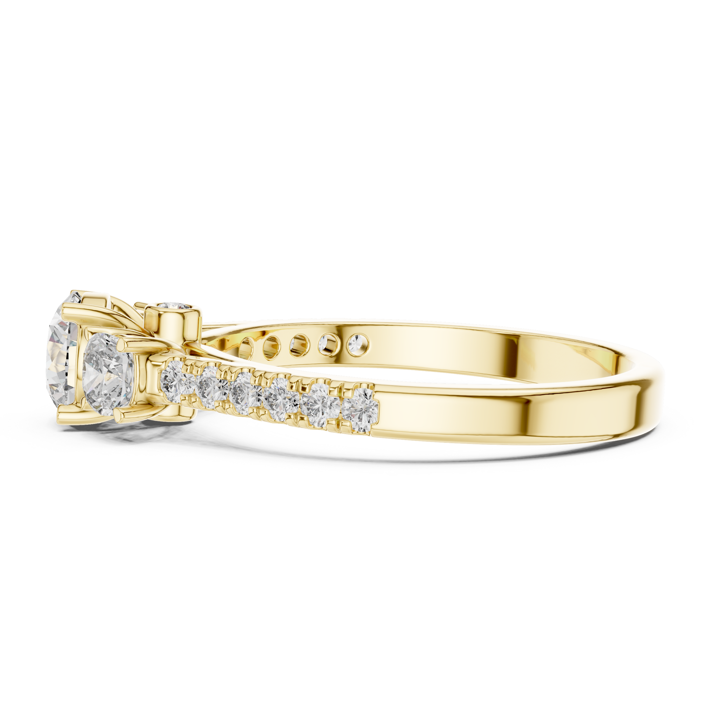 Round Brilliant Cut Trilogy Engagement Ring with Cushion Shaped Side Diamonds & Pave Band in 18K Gold | 0.50 – 2 Carat Centre