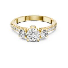 Round Brilliant Cut Trilogy Engagement Ring with Cushion Shaped Side Diamonds & Pave Band in 18K Gold | 0.50 – 2 Carat Centre
