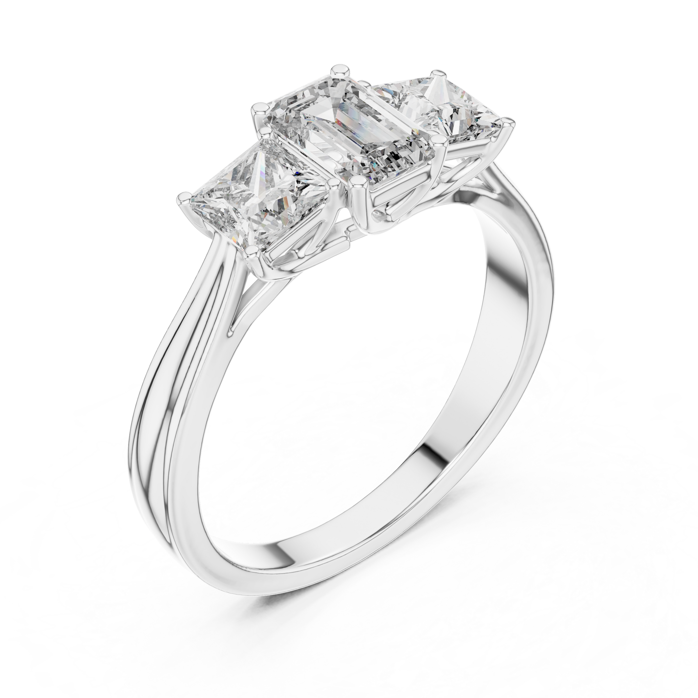 Emerald Cut Trilogy Engagement Ring – Princess-Shaped Side Diamonds, 18K Gold | Lab Grown Diamonds