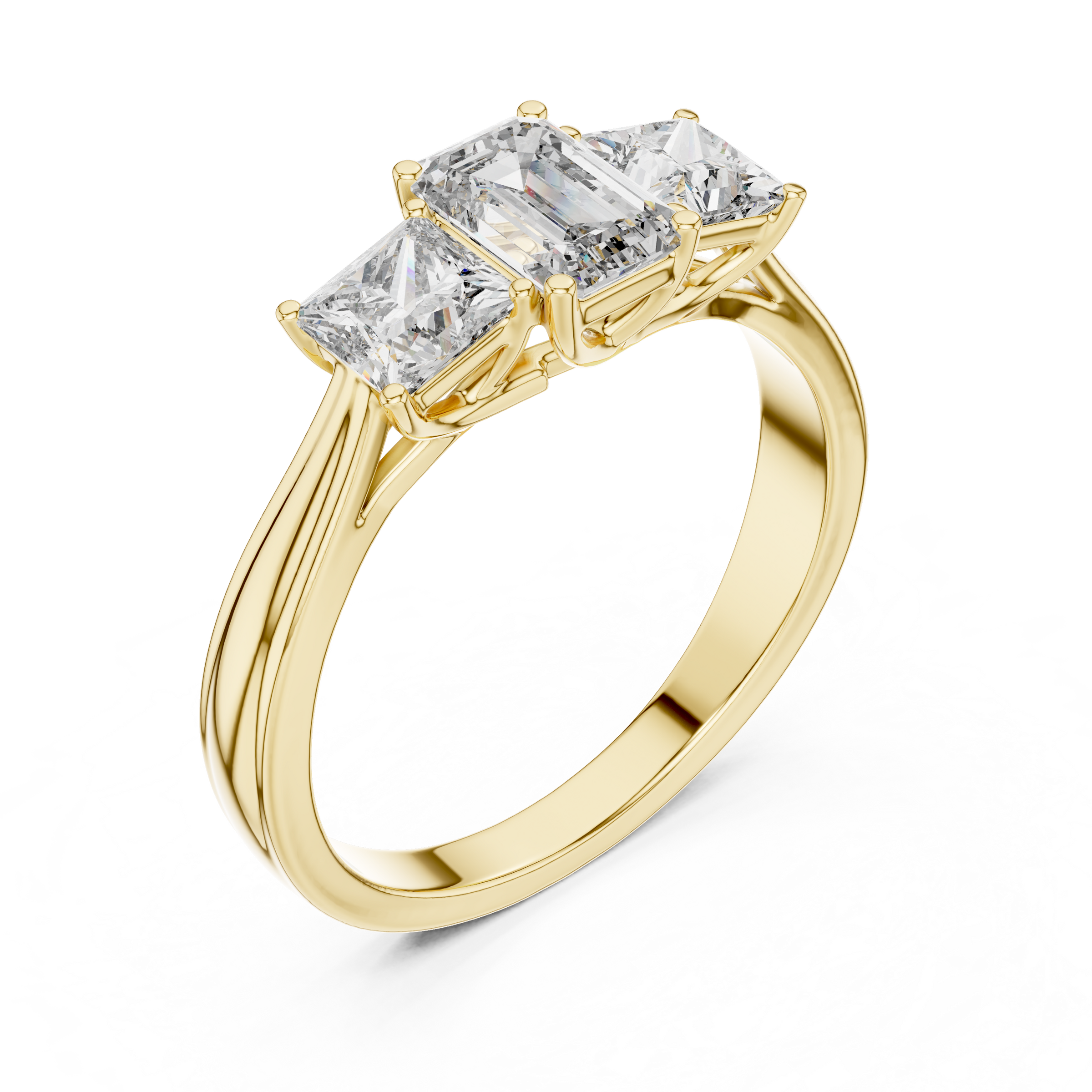 Emerald Cut Trilogy Engagement Ring – Princess-Shaped Side Diamonds, 18K Gold | Lab Grown Diamonds