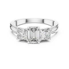 Emerald Cut Trilogy Engagement Ring – Princess-Shaped Side Diamonds, 18K Gold | Lab Grown Diamonds