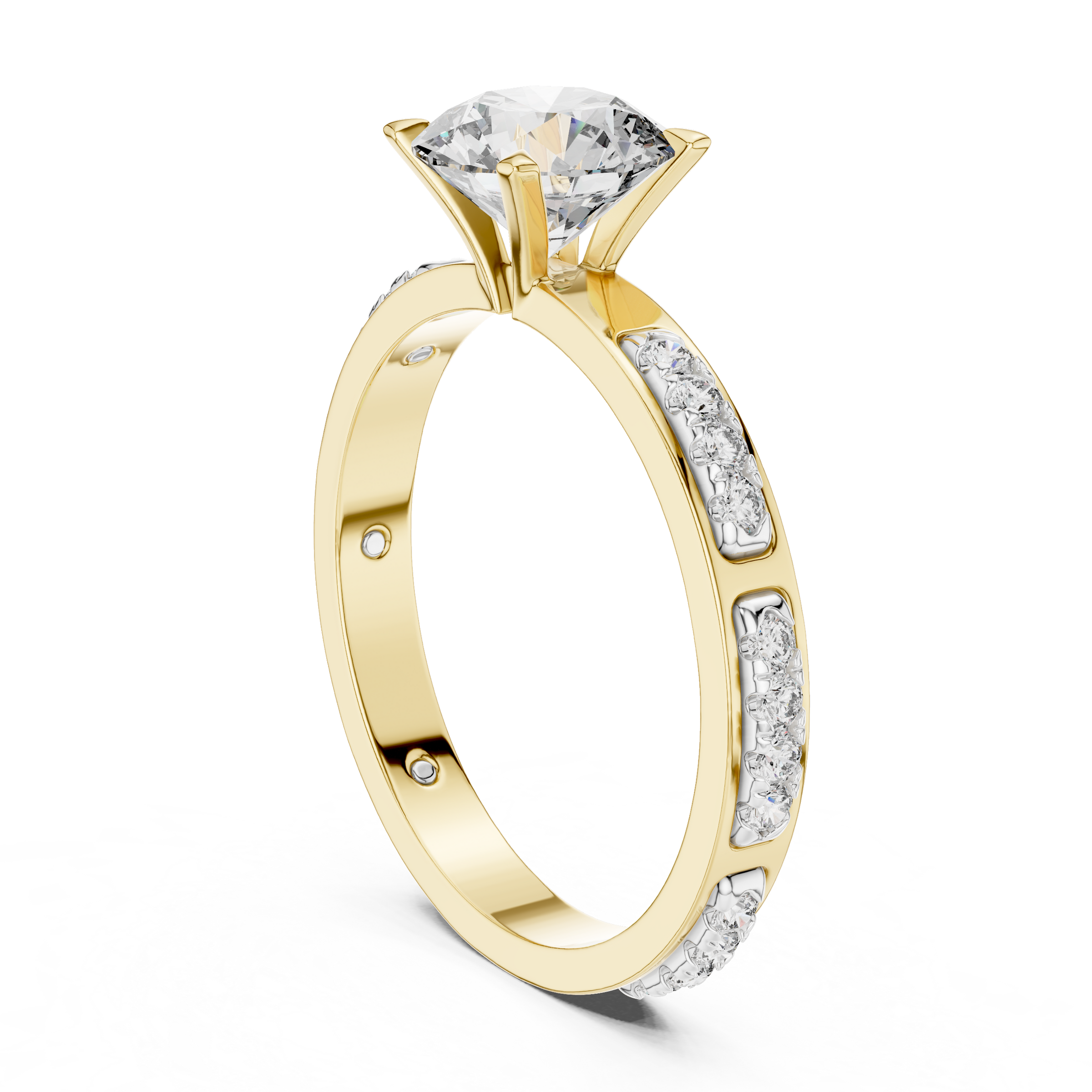1–3 Carat Round Lab-Grown Diamond Solitaire Engagement Ring in 18K Gold – With Round Side Diamonds, Four-Prong Setting