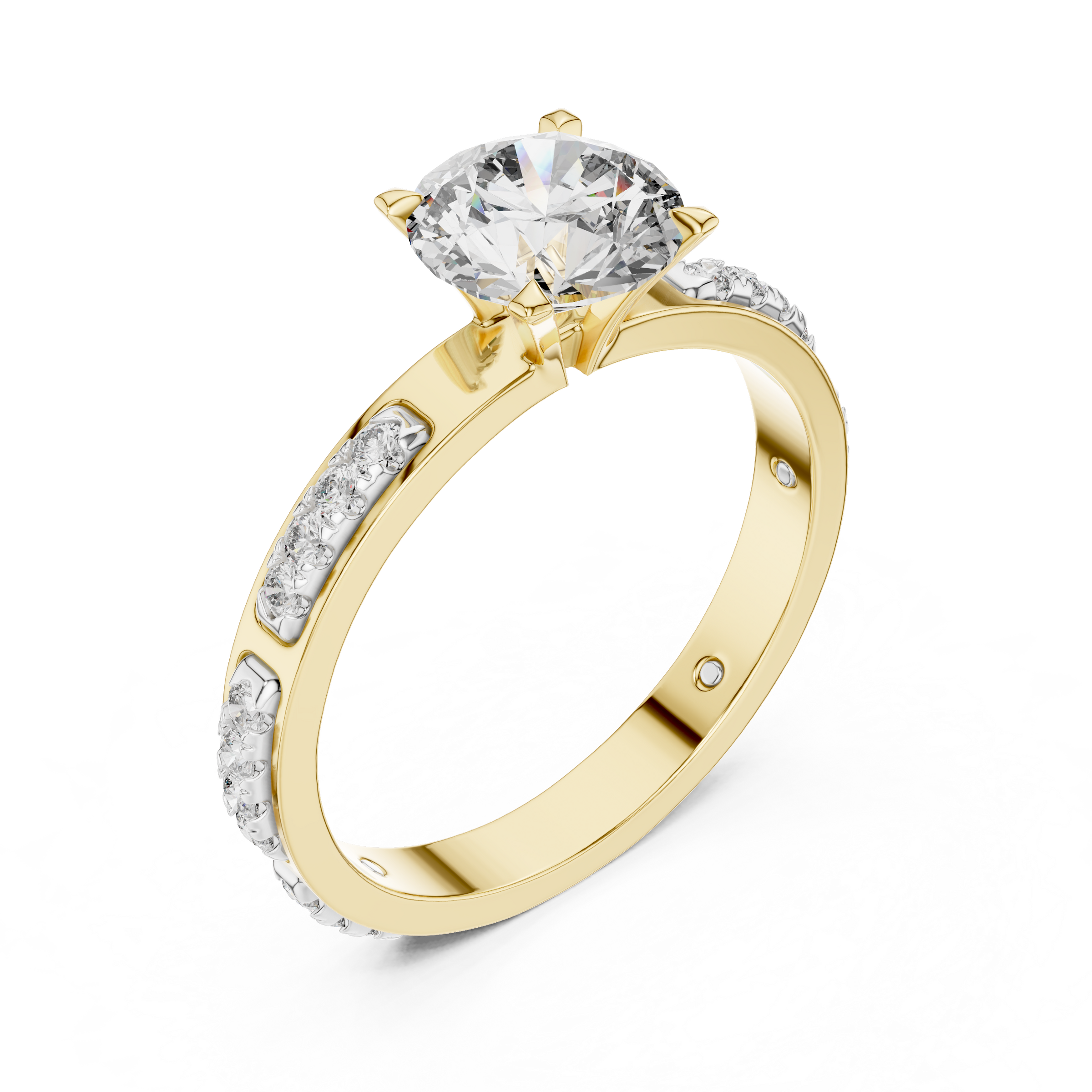 1–3 Carat Round Lab-Grown Diamond Solitaire Engagement Ring in 18K Gold – With Round Side Diamonds, Four-Prong Setting