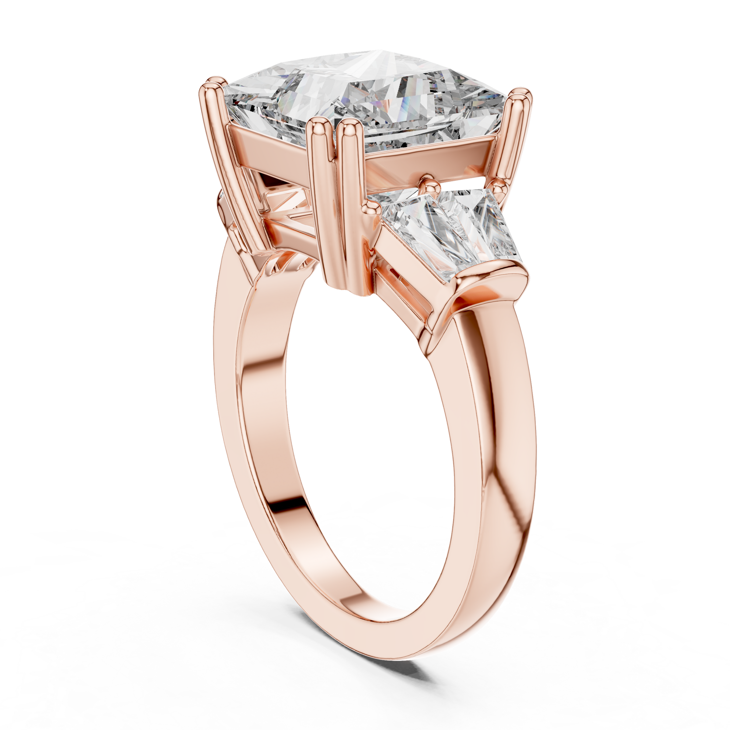 1–5 Carat Princess Cut Lab-Grown Diamond Solitaire Trilogy Ring in 18K Gold – Tapered Baguette Side Stones