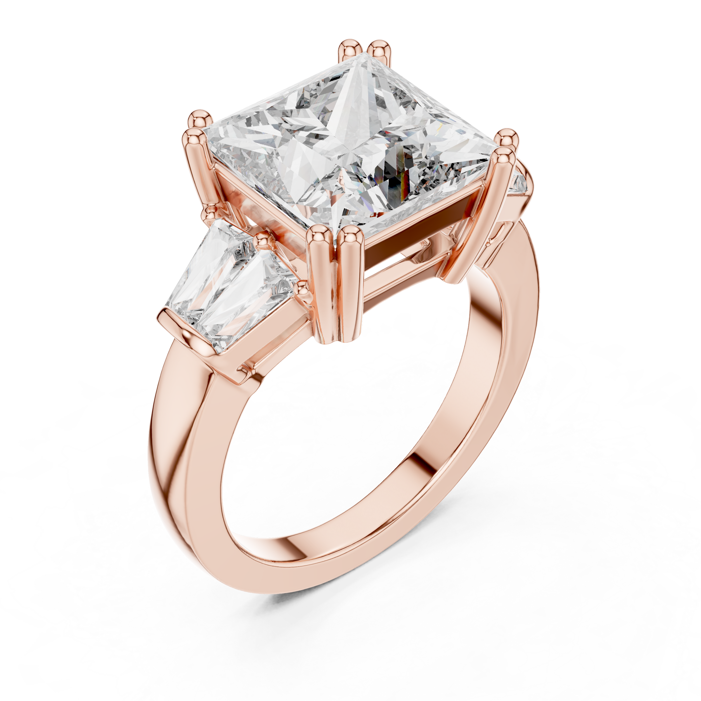 1–5 Carat Princess Cut Lab-Grown Diamond Solitaire Trilogy Ring in 18K Gold – Tapered Baguette Side Stones
