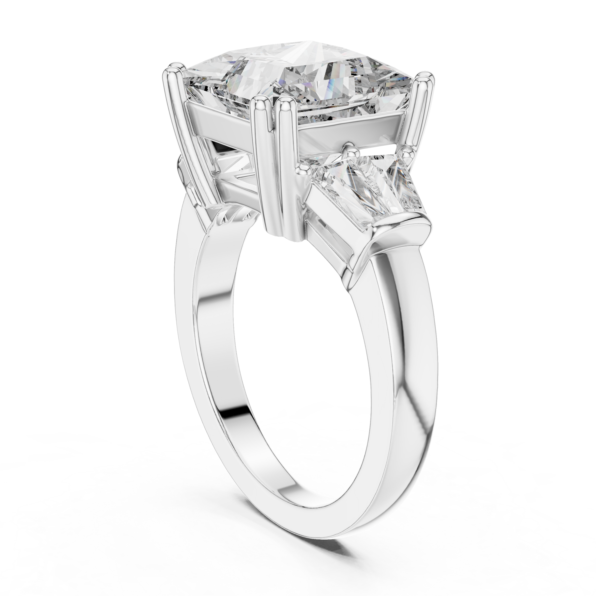 1–5 Carat Princess Cut Lab-Grown Diamond Solitaire Trilogy Ring in 18K Gold – Tapered Baguette Side Stones