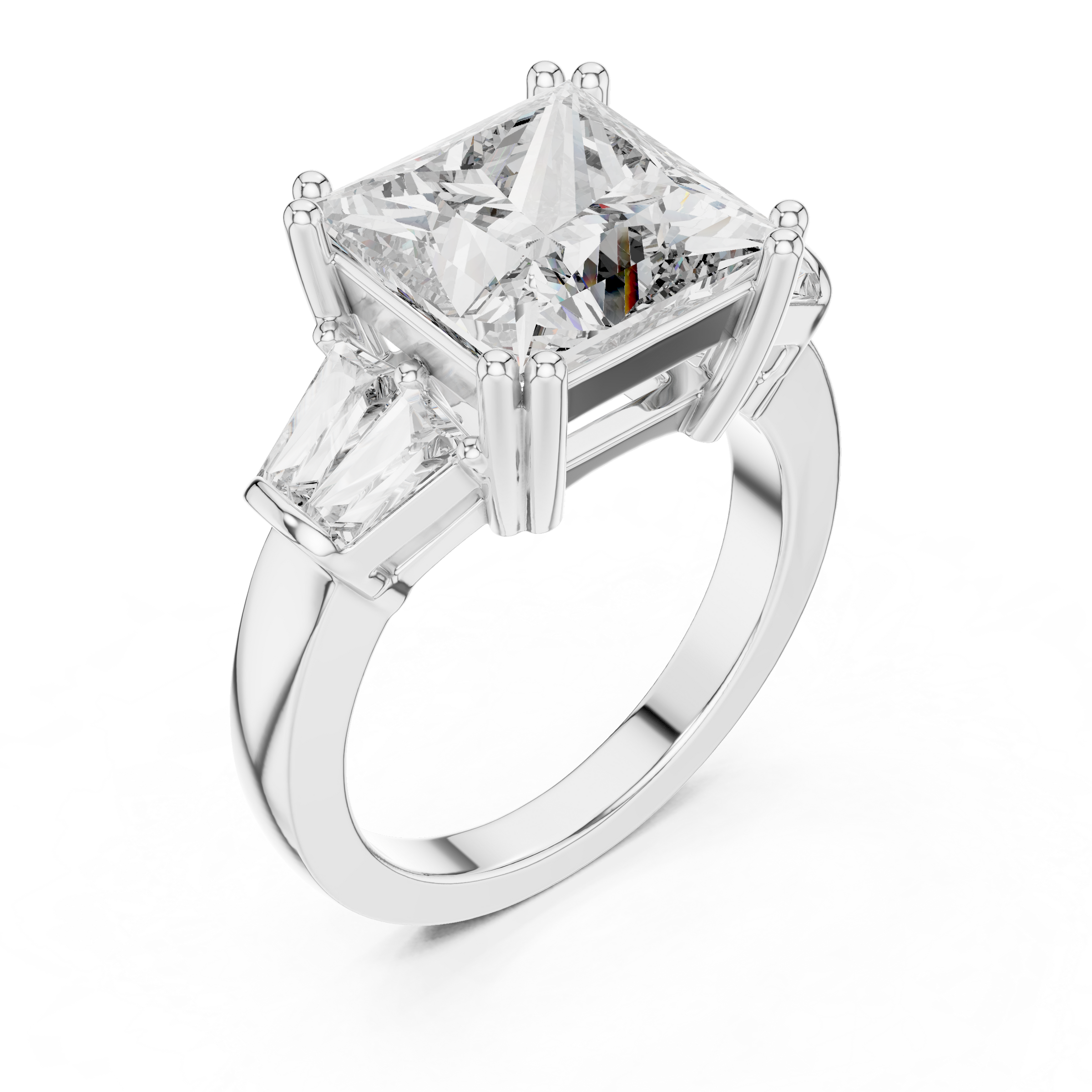 1–5 Carat Princess Cut Lab-Grown Diamond Solitaire Trilogy Ring in 18K Gold – Tapered Baguette Side Stones