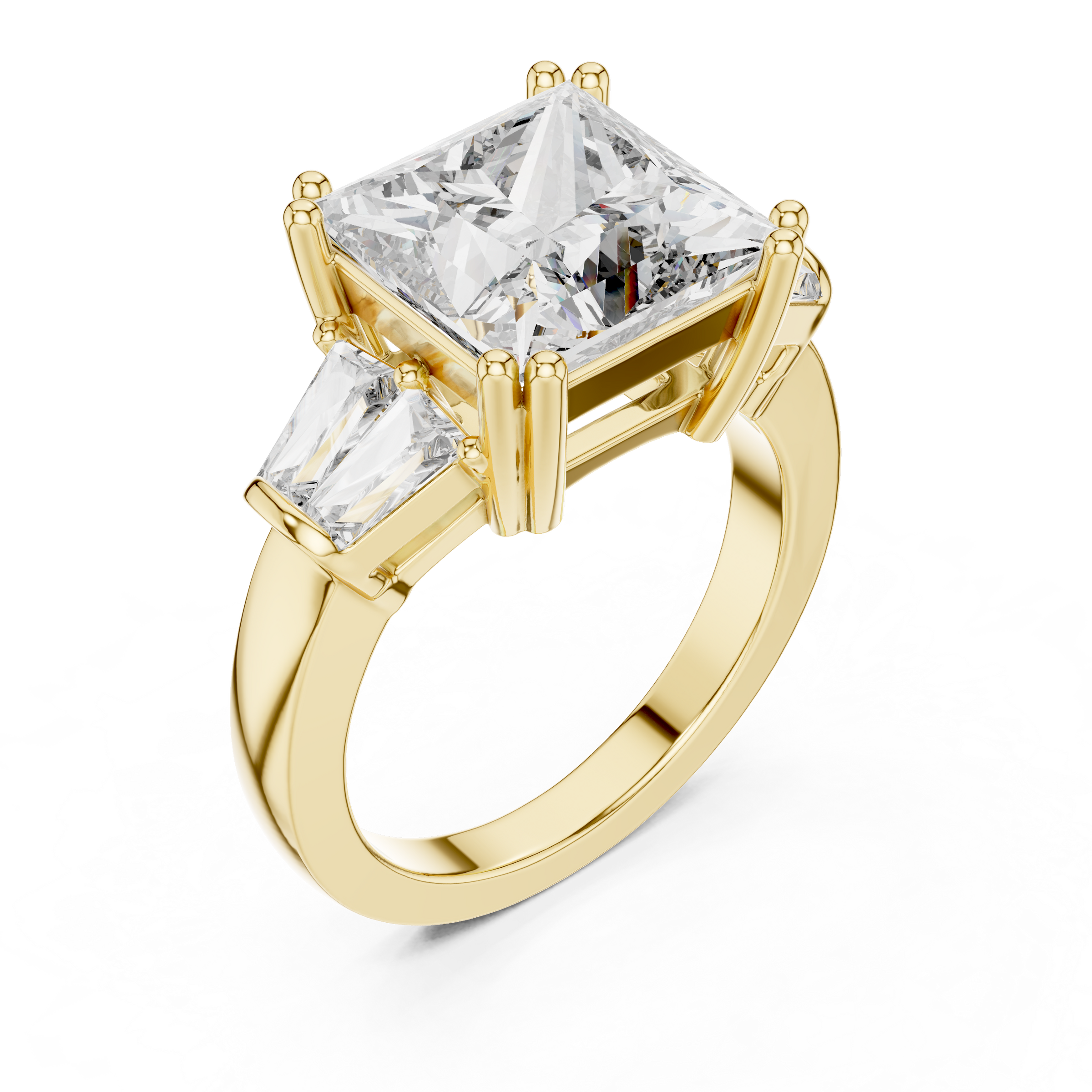 1–5 Carat Princess Cut Lab-Grown Diamond Solitaire Trilogy Ring in 18K Gold – Tapered Baguette Side Stones