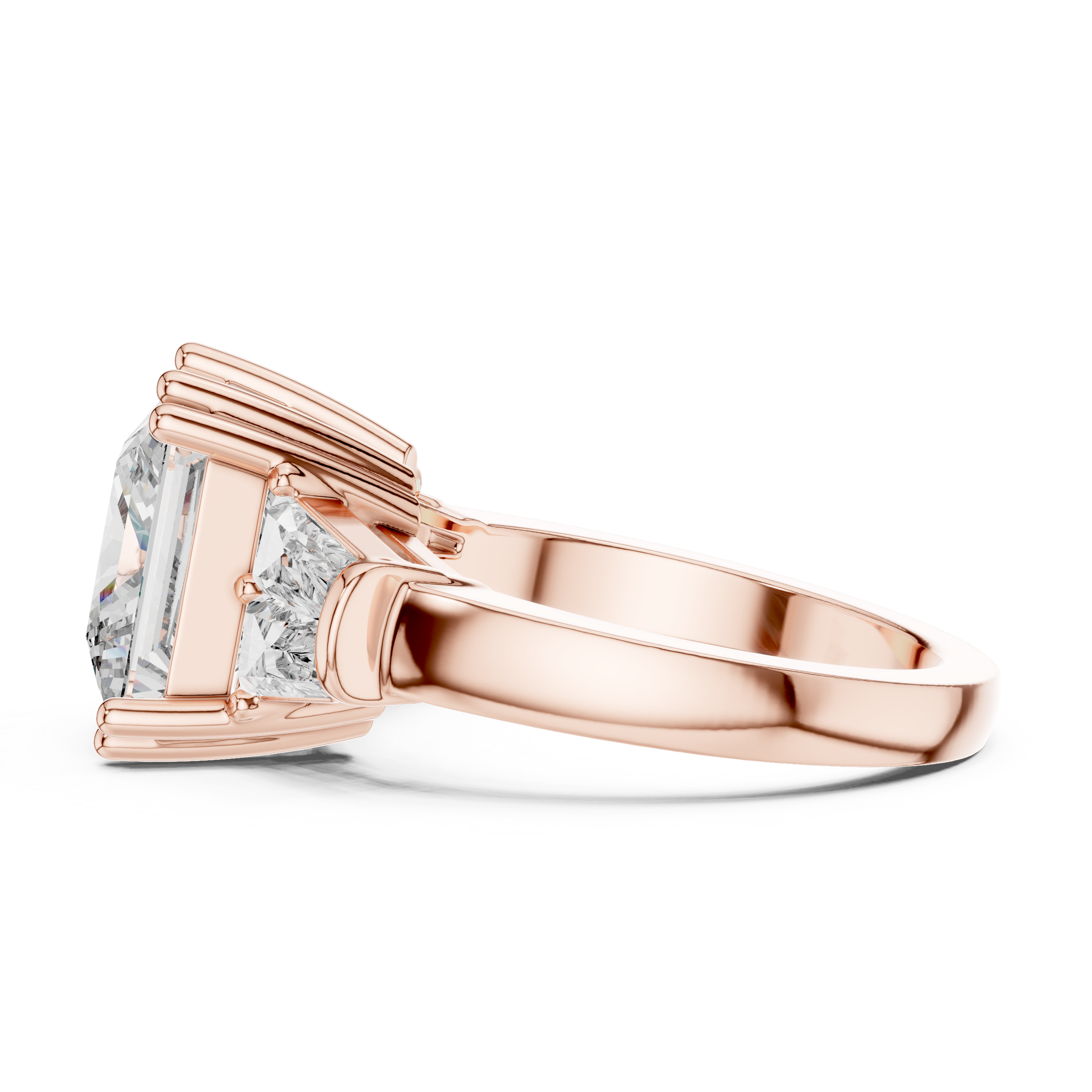 1–5 Carat Princess Cut Lab-Grown Diamond Solitaire Trilogy Ring in 18K Gold – Tapered Baguette Side Stones