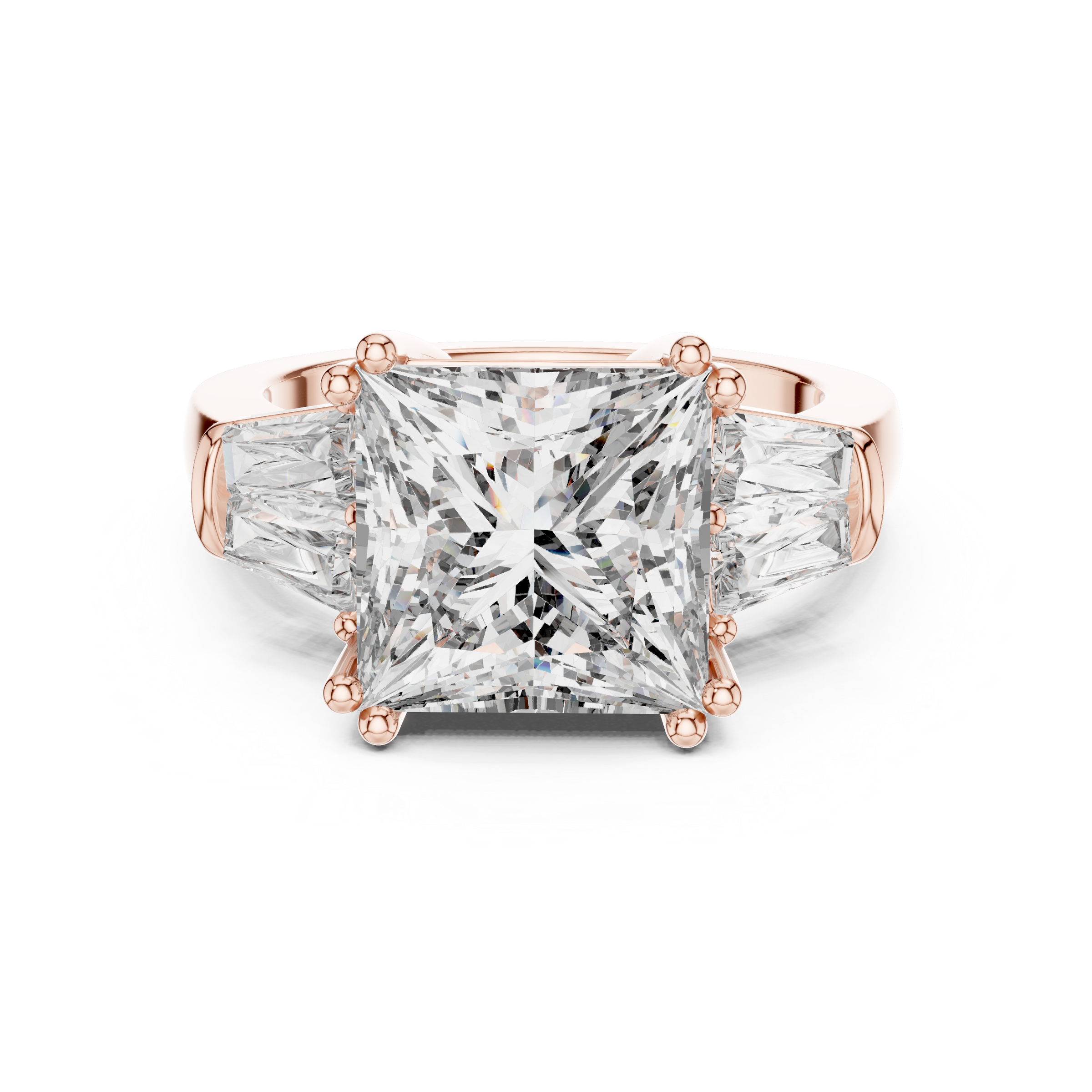 1–5 Carat Princess Cut Lab-Grown Diamond Solitaire Trilogy Ring in 18K Gold – Tapered Baguette Side Stones