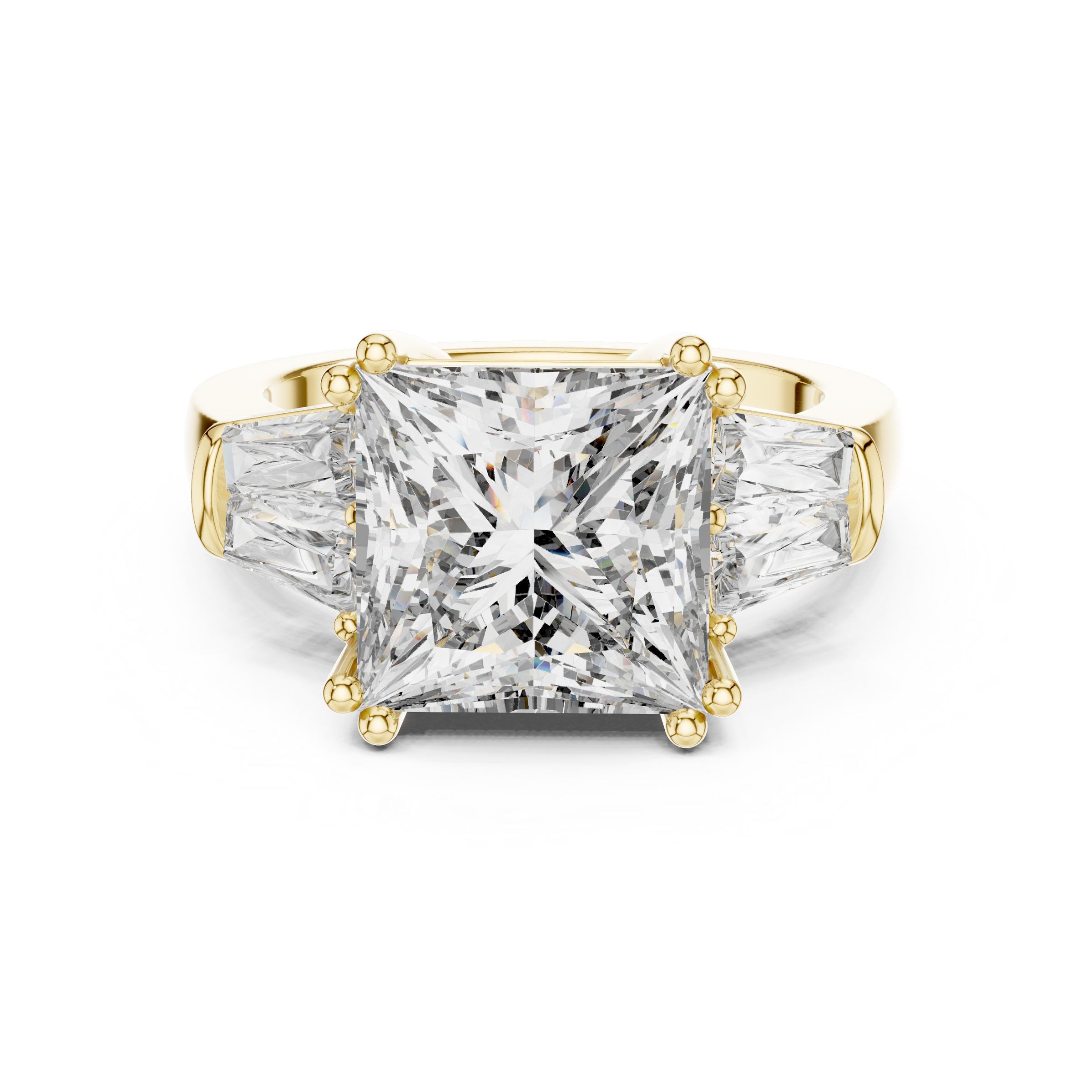 1–5 Carat Princess Cut Lab-Grown Diamond Solitaire Trilogy Ring in 18K Gold – Tapered Baguette Side Stones