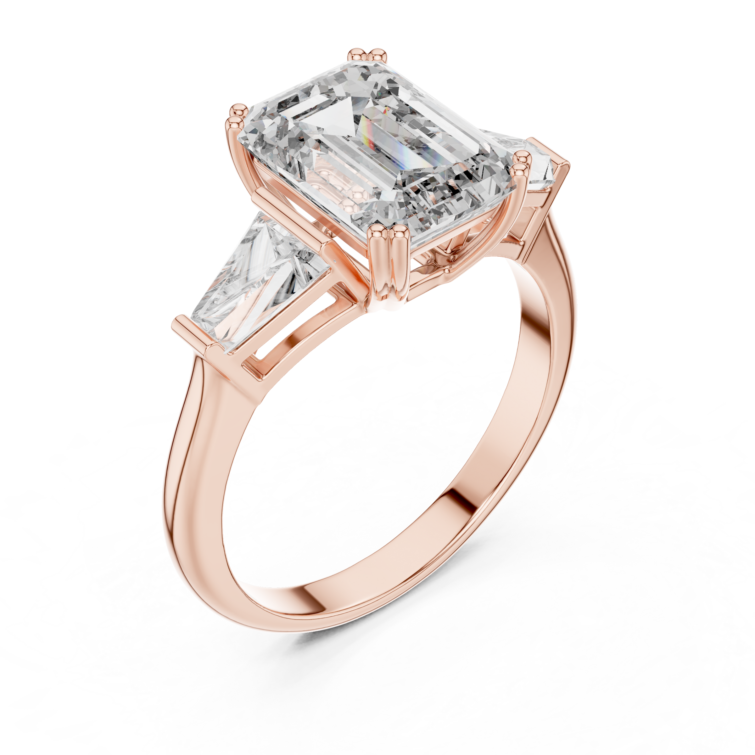 1–5 Carat Emerald Cut Lab-Grown Diamond Solitaire Trilogy Ring in 18K Gold – Tapered Baguette Side Stones