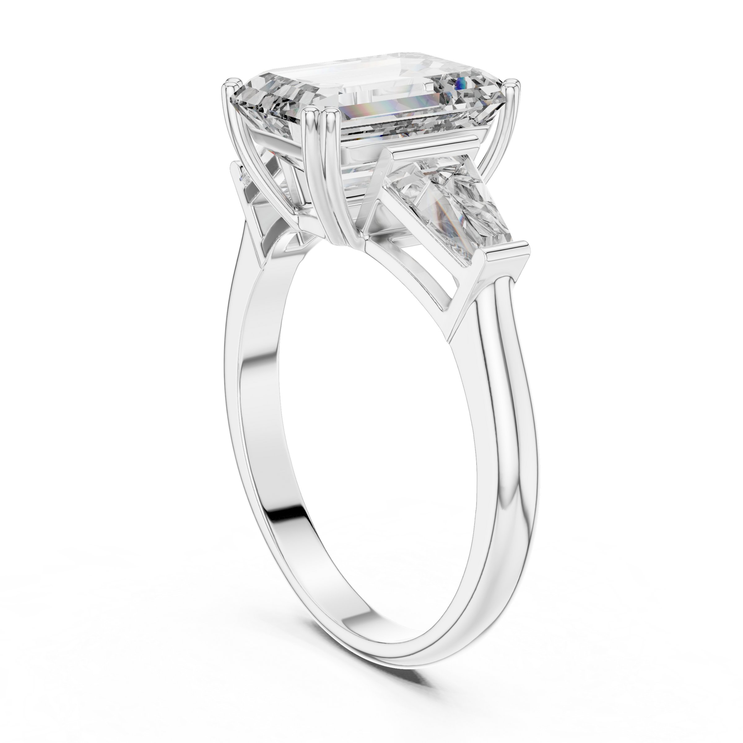 1–5 Carat Emerald Cut Lab-Grown Diamond Solitaire Trilogy Ring in 18K Gold – Tapered Baguette Side Stones